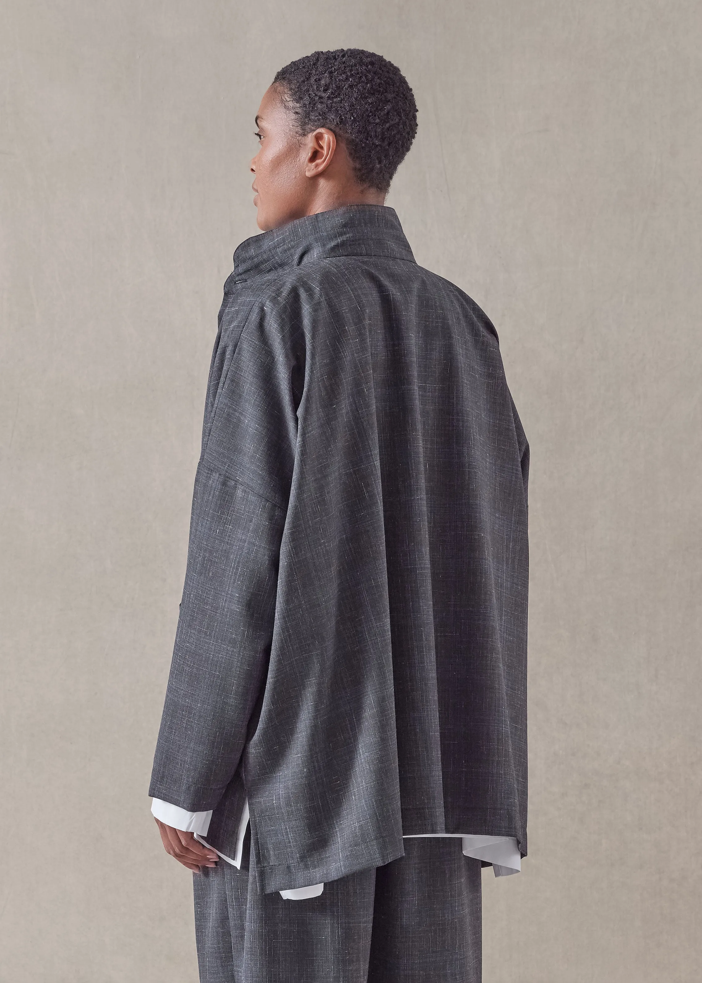 wool linen wide longer back double stand collar shirt jacket - mid plus sold by eskandar product image thumbnail 5