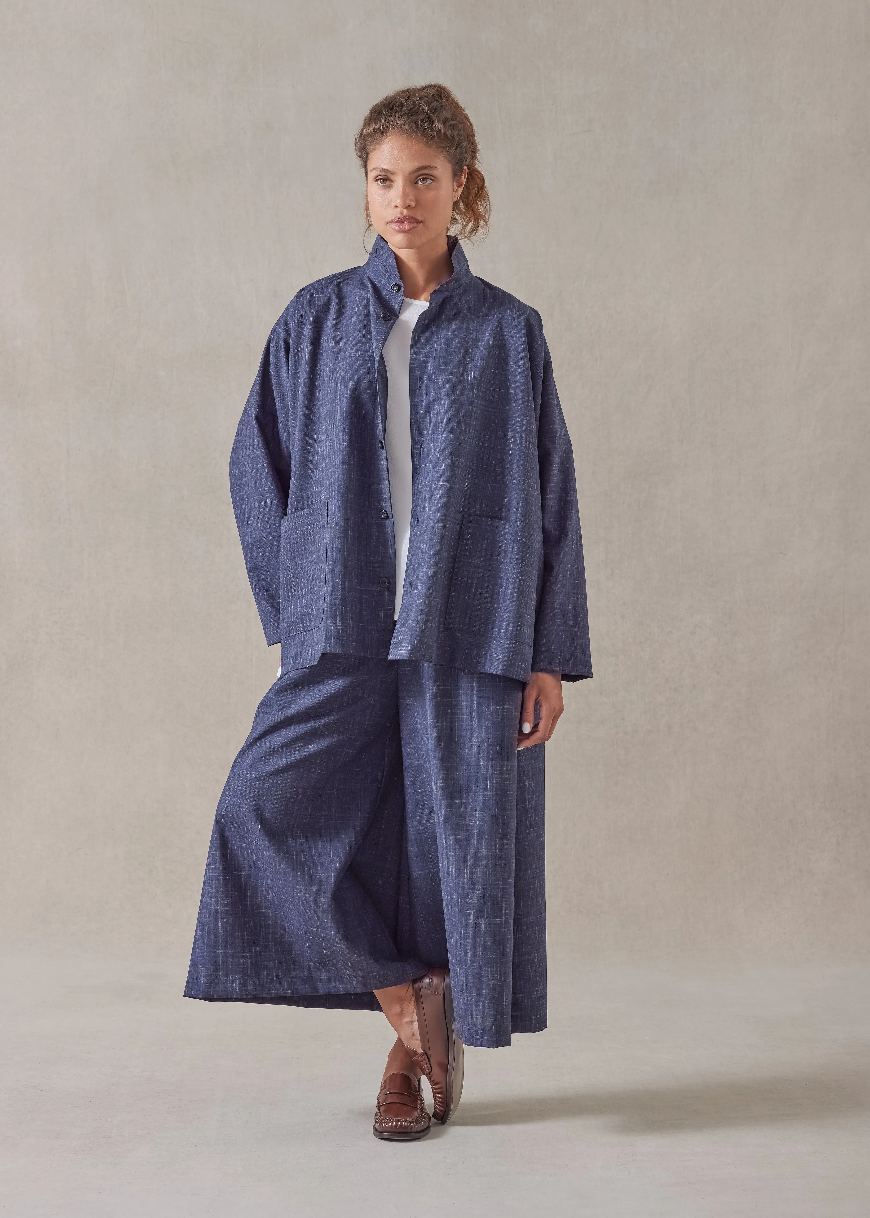 wool linen wide longer back double stand collar shirt jacket - mid plus sold by eskandar