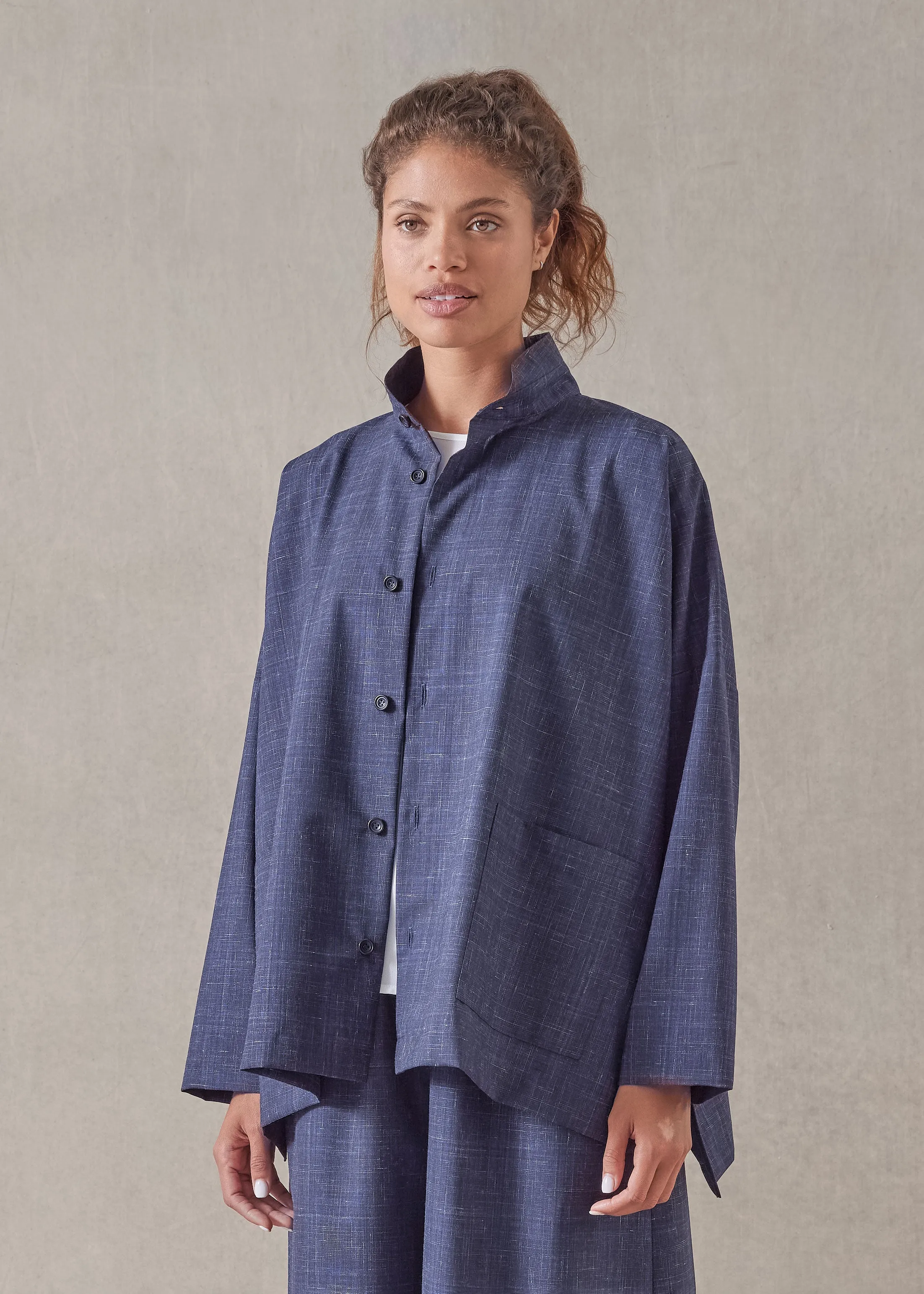 wool linen wide longer back double stand collar shirt jacket - mid plus sold by eskandar product image thumbnail 2