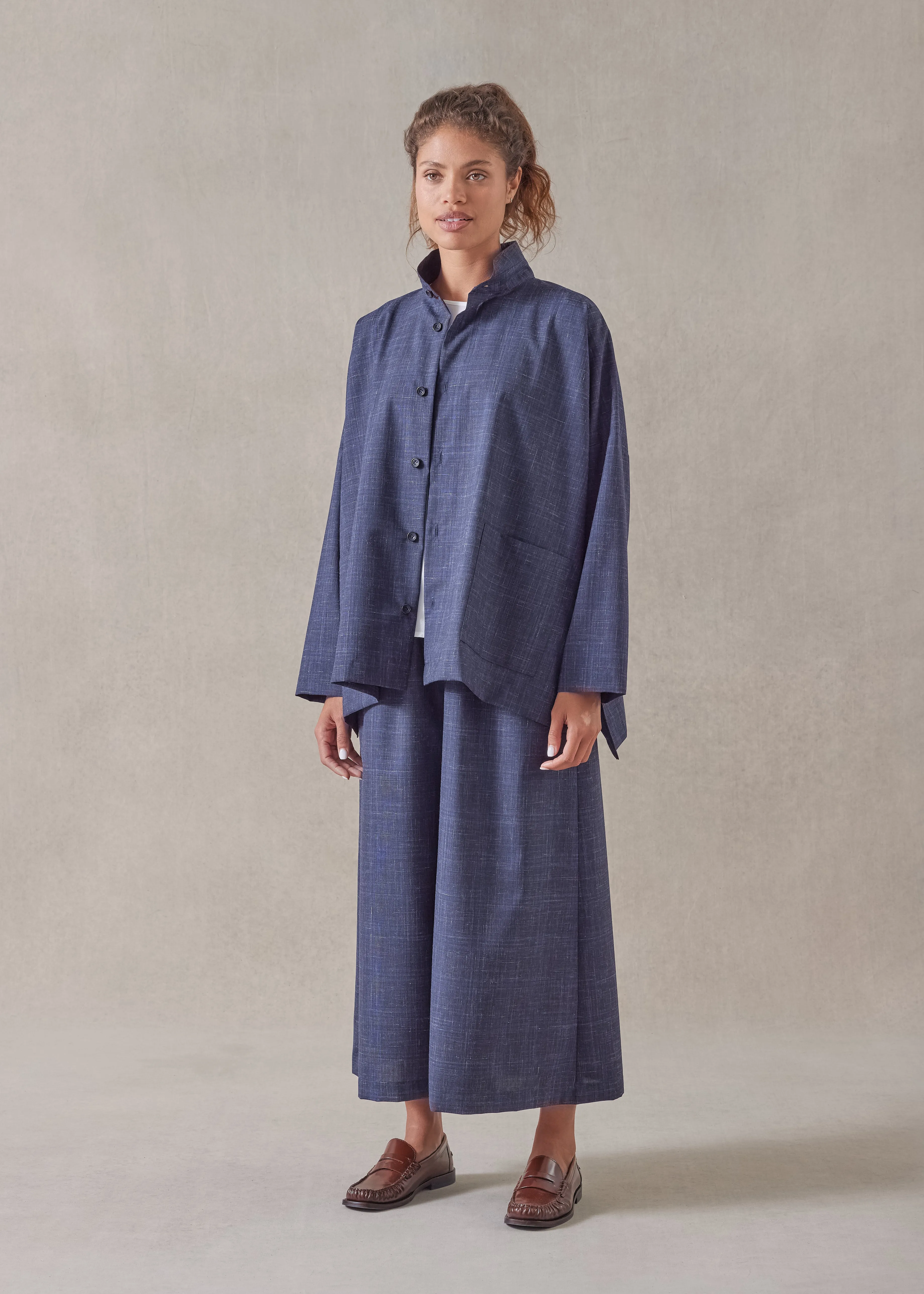 wool linen wide longer back double stand collar shirt jacket - mid plus sold by eskandar product image thumbnail 5