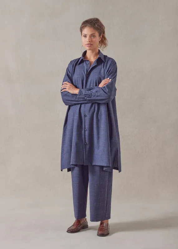 wool linen wide a-line shirt jacket with collar - very long with slits sold by eskandar