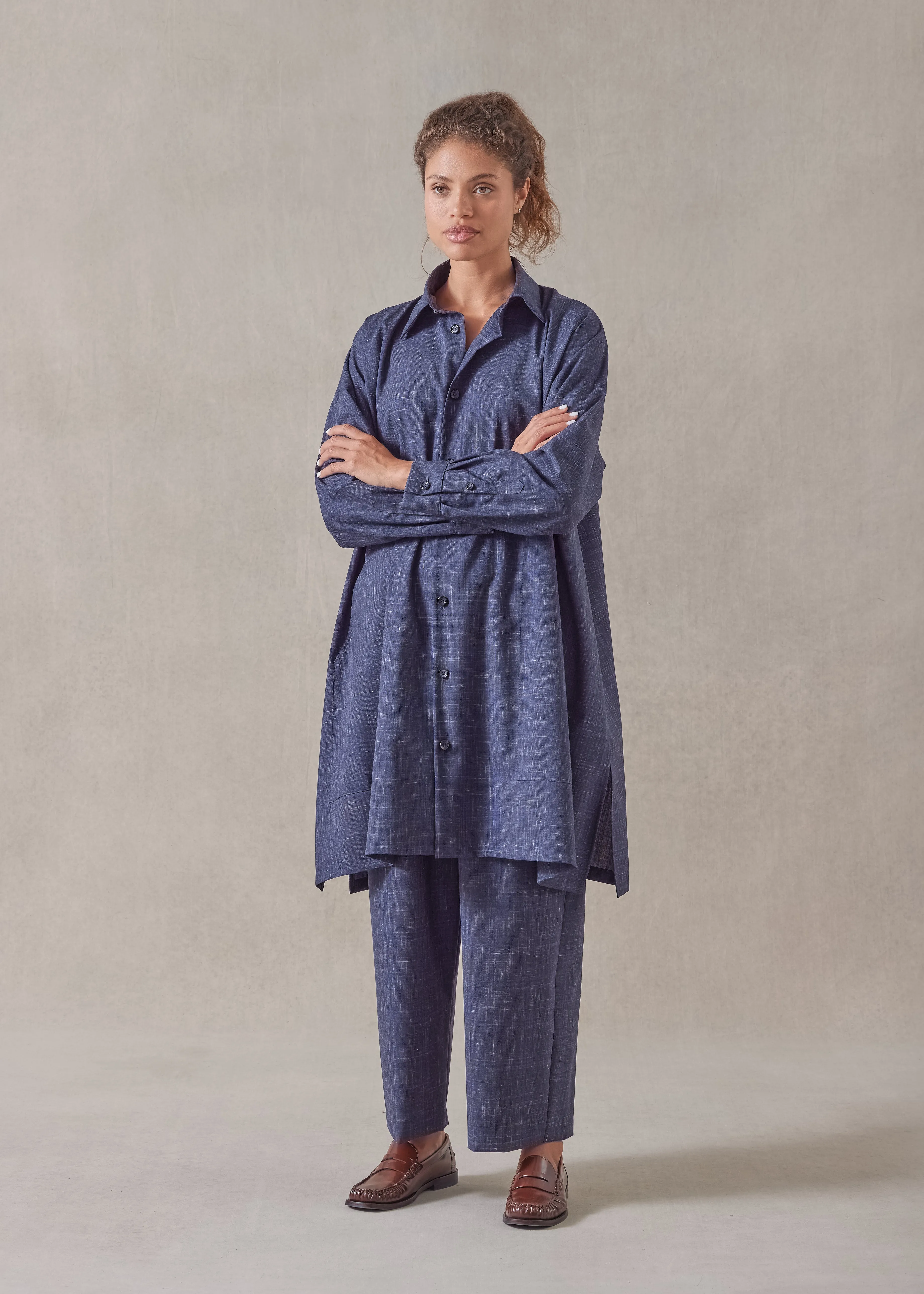 wool linen wide a-line shirt jacket with collar - very long with slits sold by eskandar