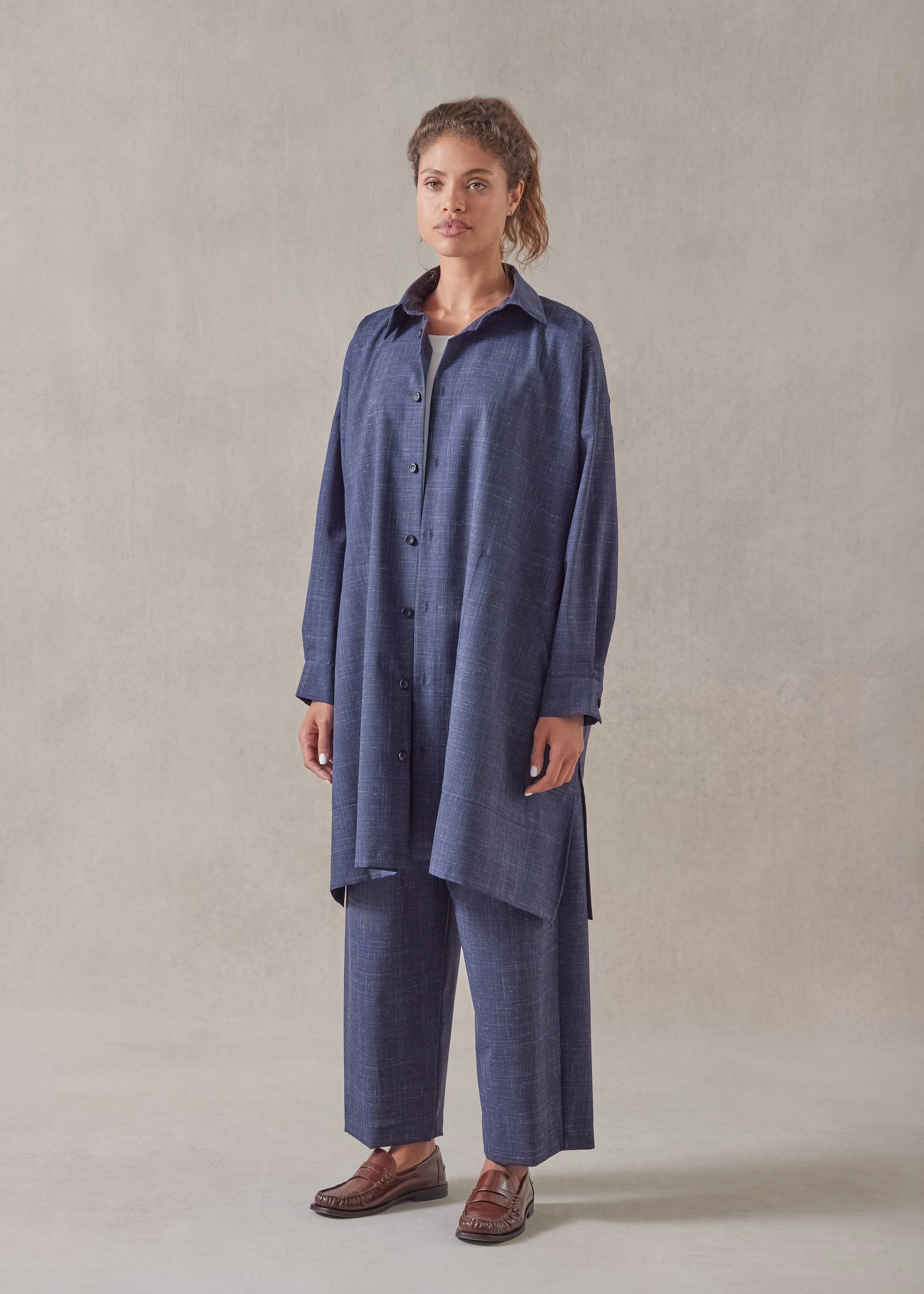 wool linen wide a-line shirt jacket with collar - very long with slits sold by eskandar product image thumbnail 5