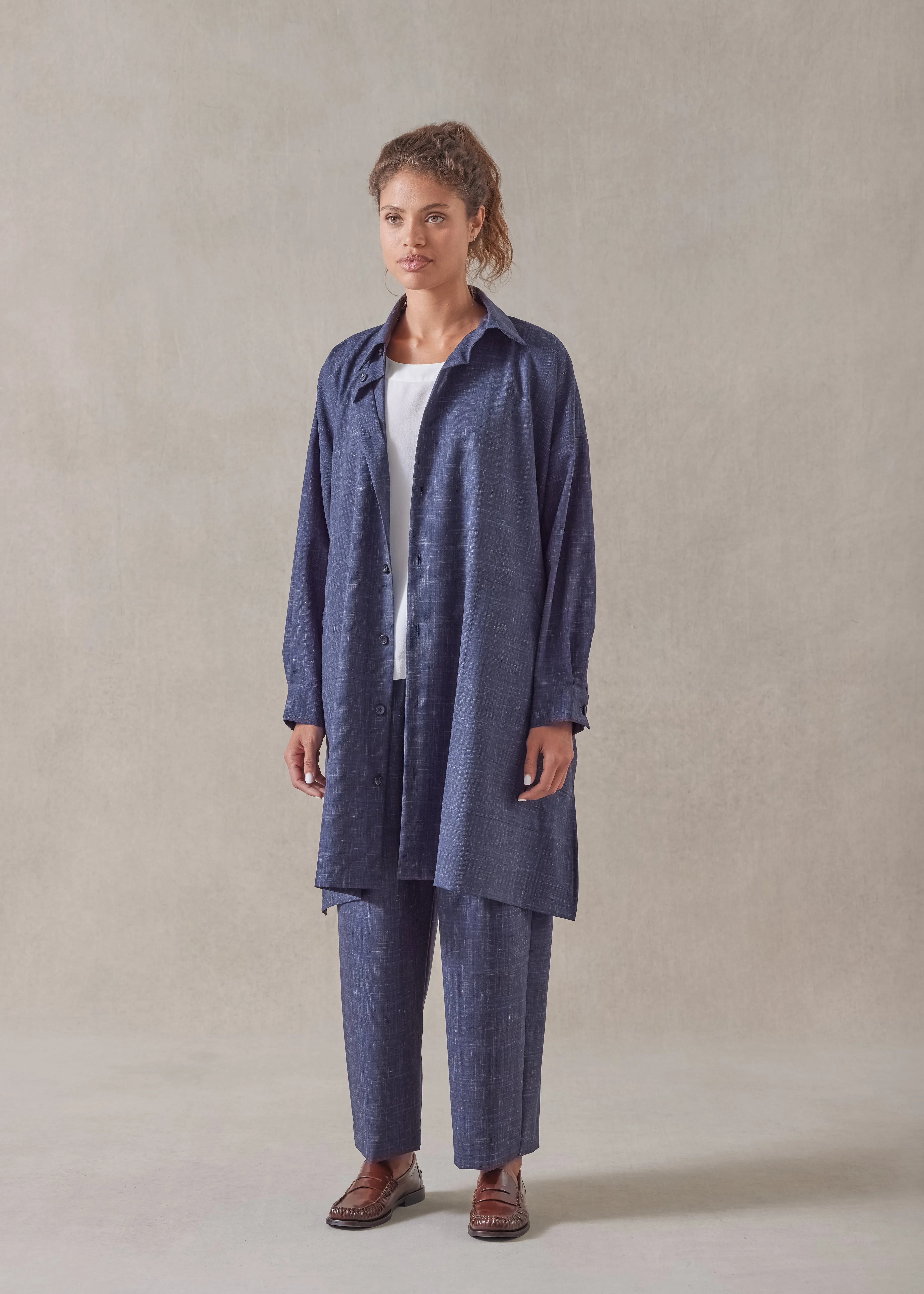 wool linen wide a-line shirt jacket with collar - very long with slits sold by eskandar product image thumbnail 2