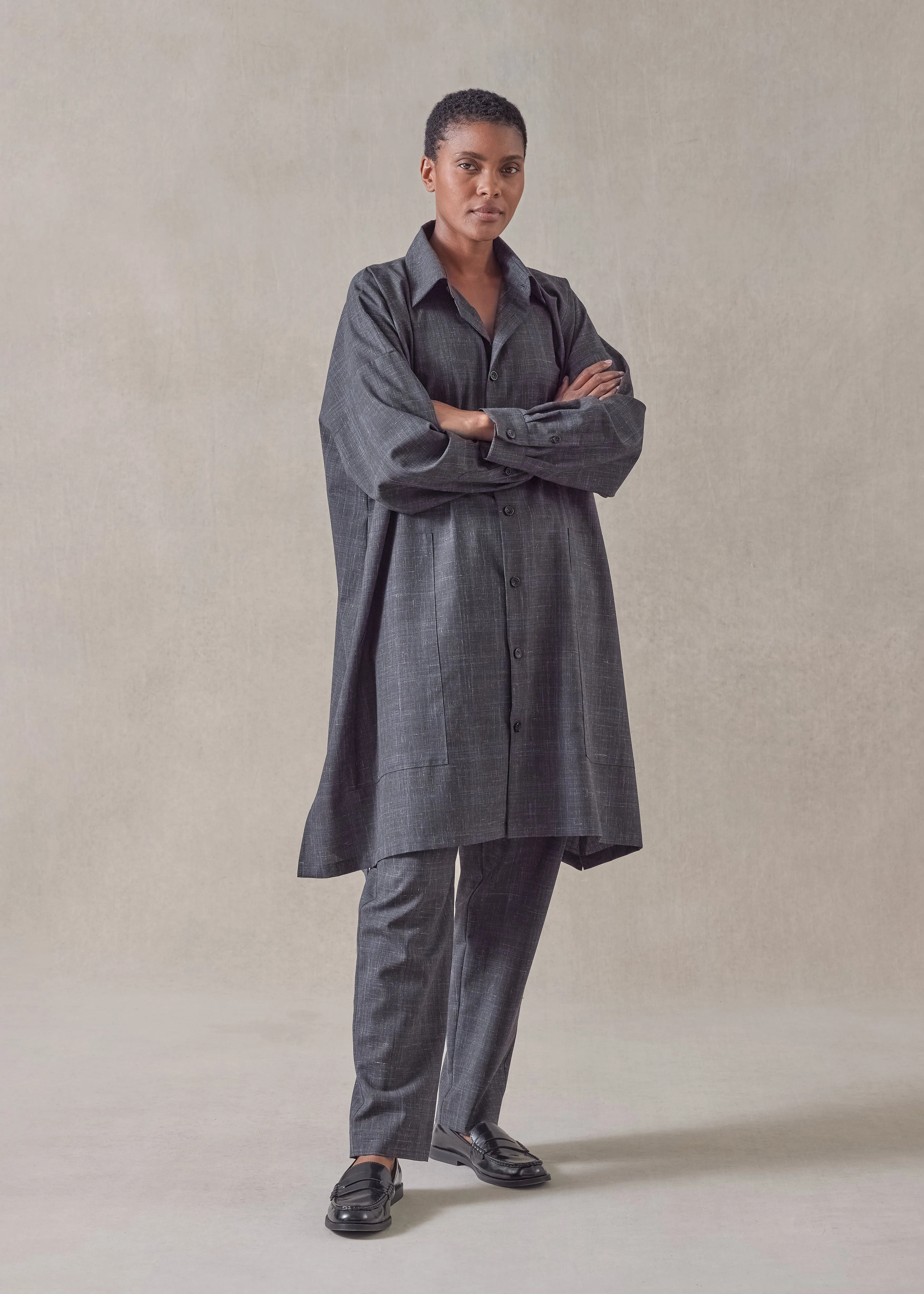 wool linen wide a-line shirt jacket with collar - very long with slits sold by eskandar