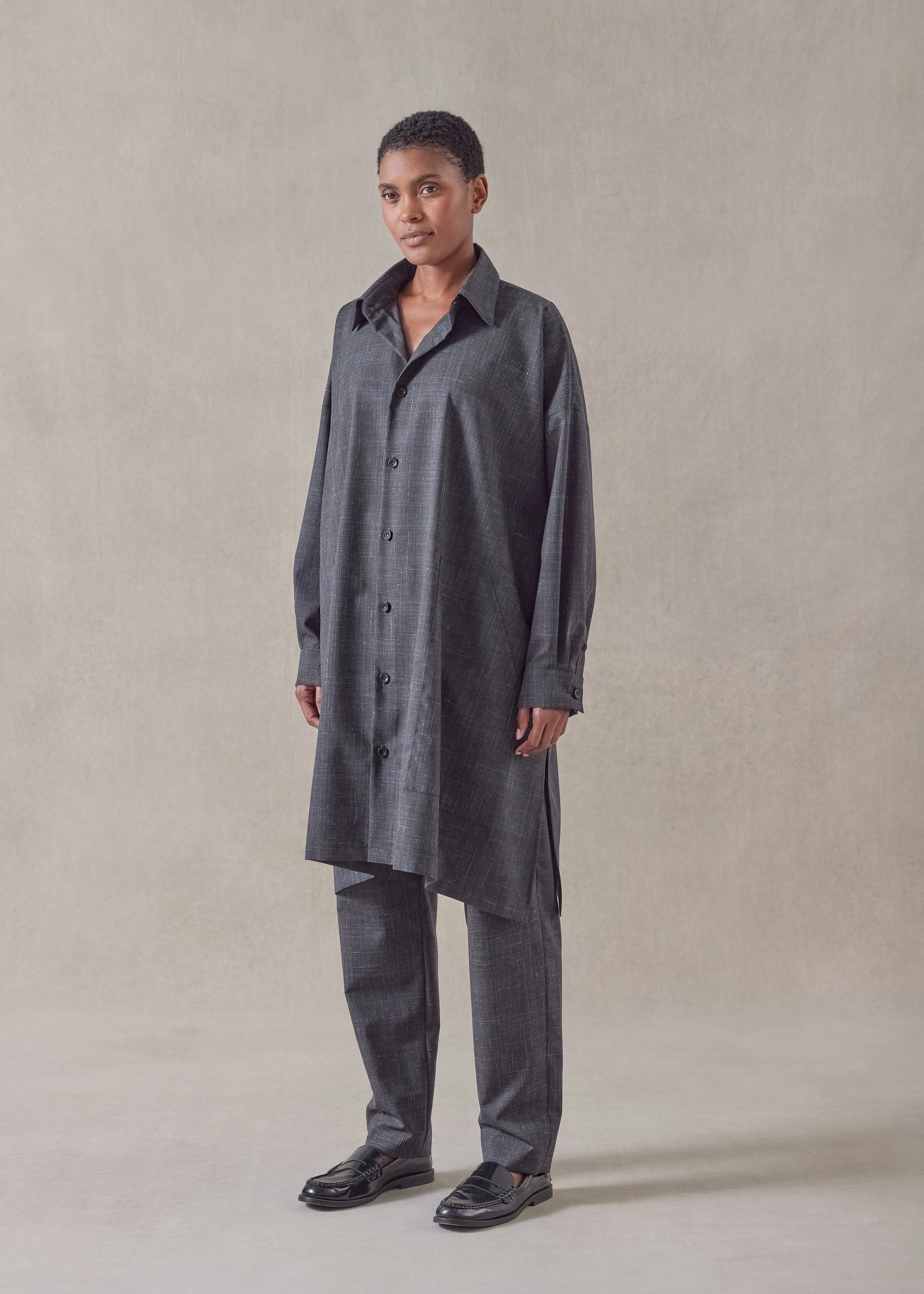 wool linen wide a-line shirt jacket with collar - very long with slits sold by eskandar product image thumbnail 3