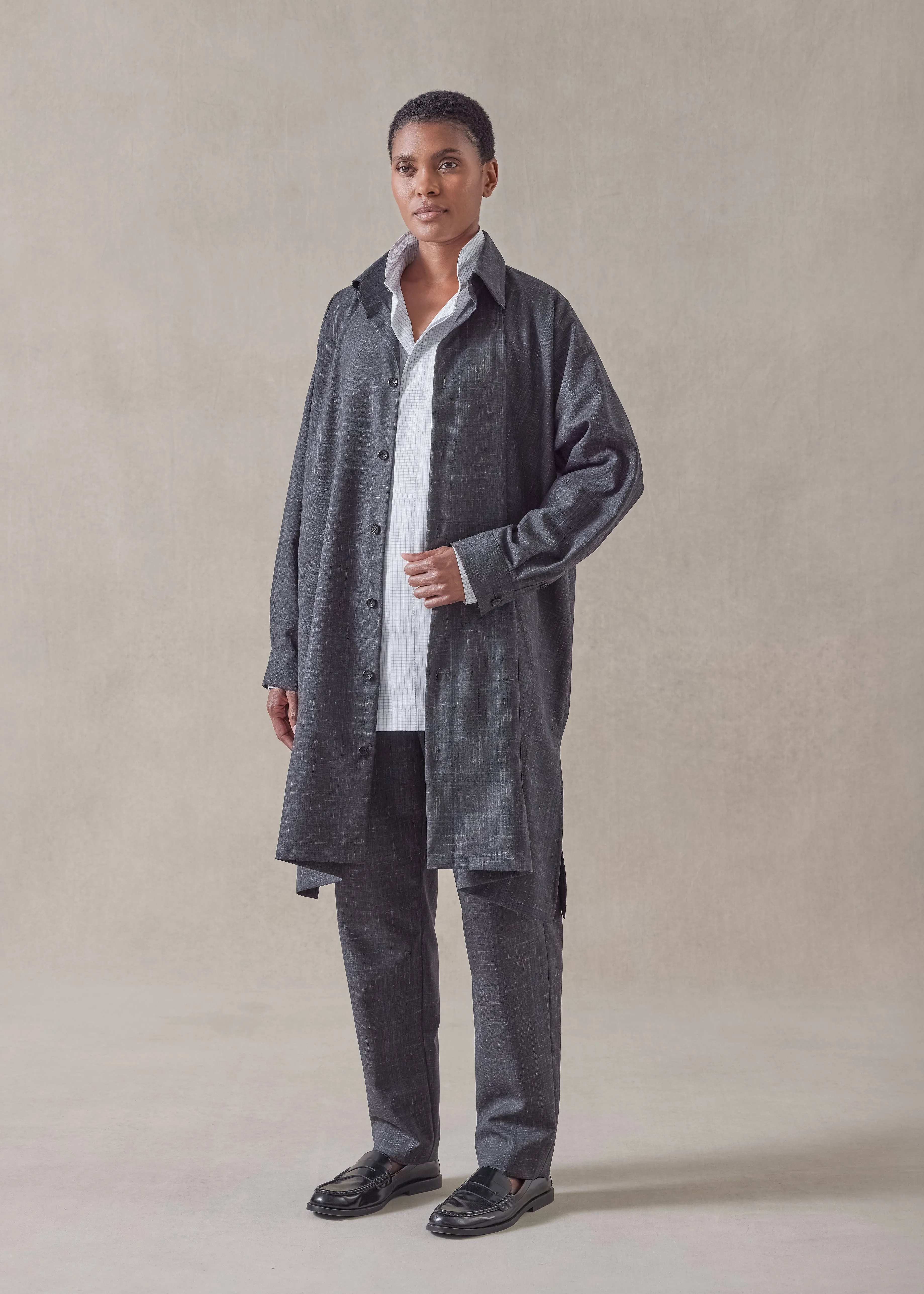 wool linen wide a-line shirt jacket with collar - very long with slits sold by eskandar product image thumbnail 2