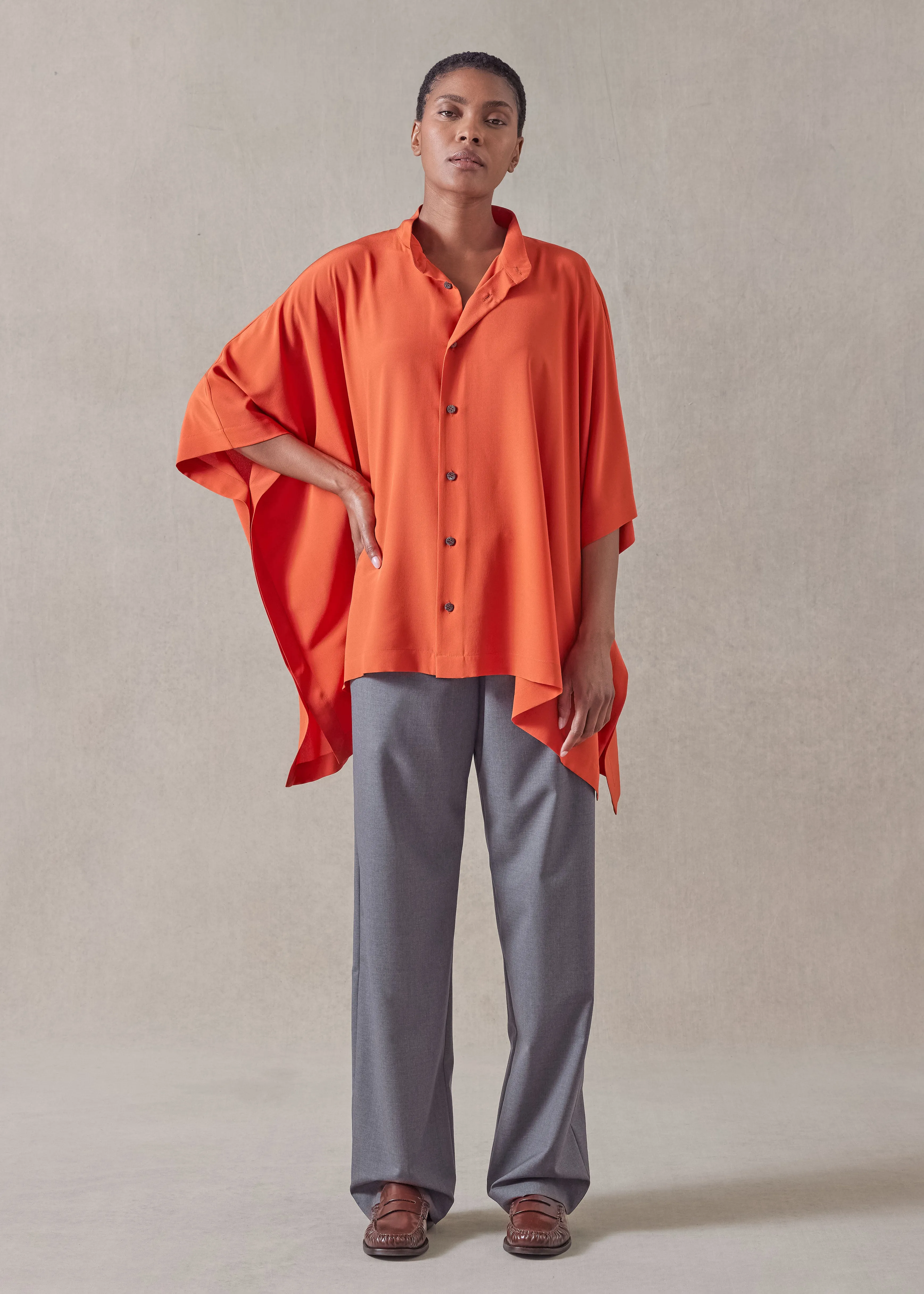 silk collarless longer back kaftan shirt - mid plus sold by eskandar product image thumbnail 5