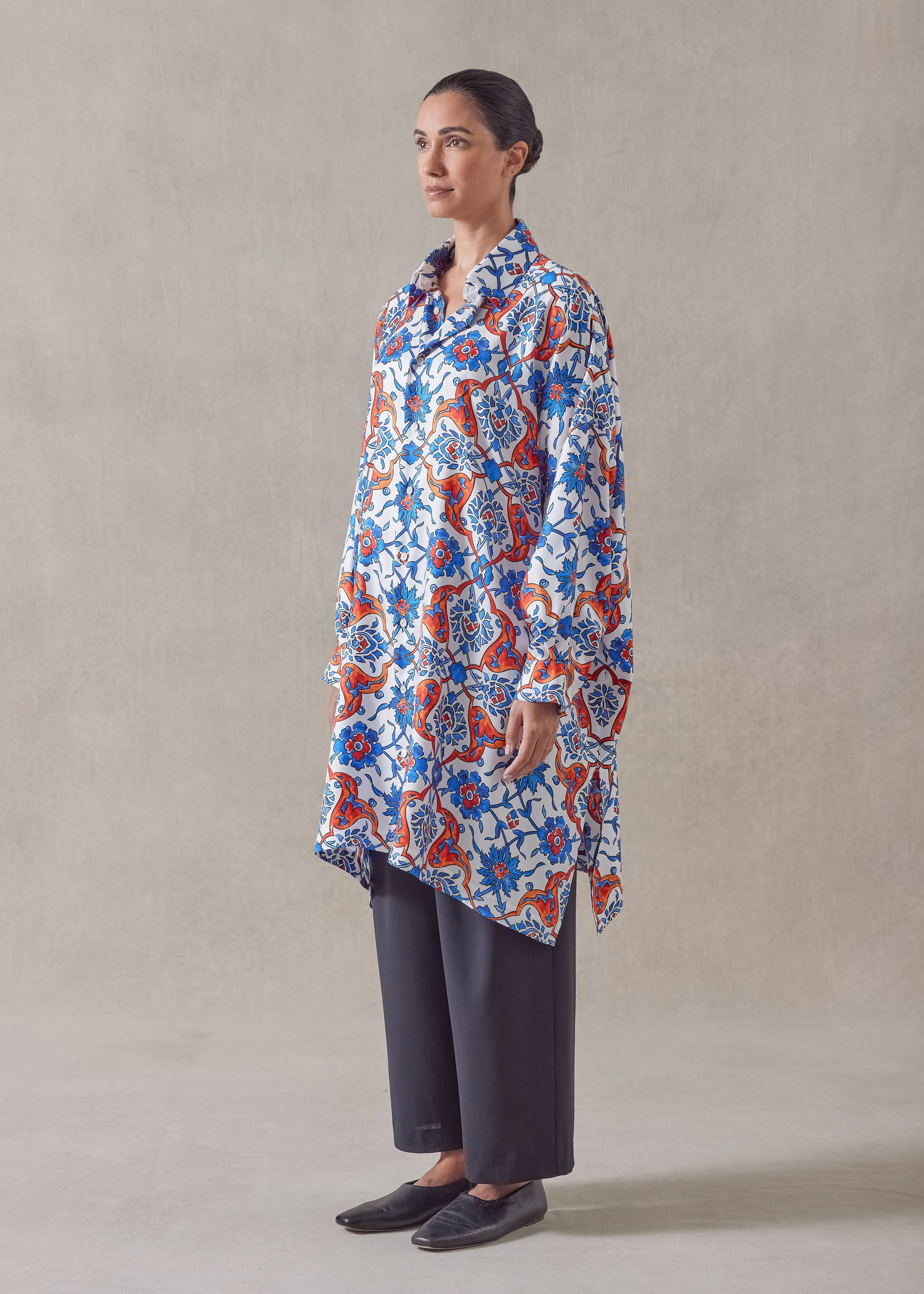 silk wide shirt with collar - very long with slits (lapisorange) sold by eskandar