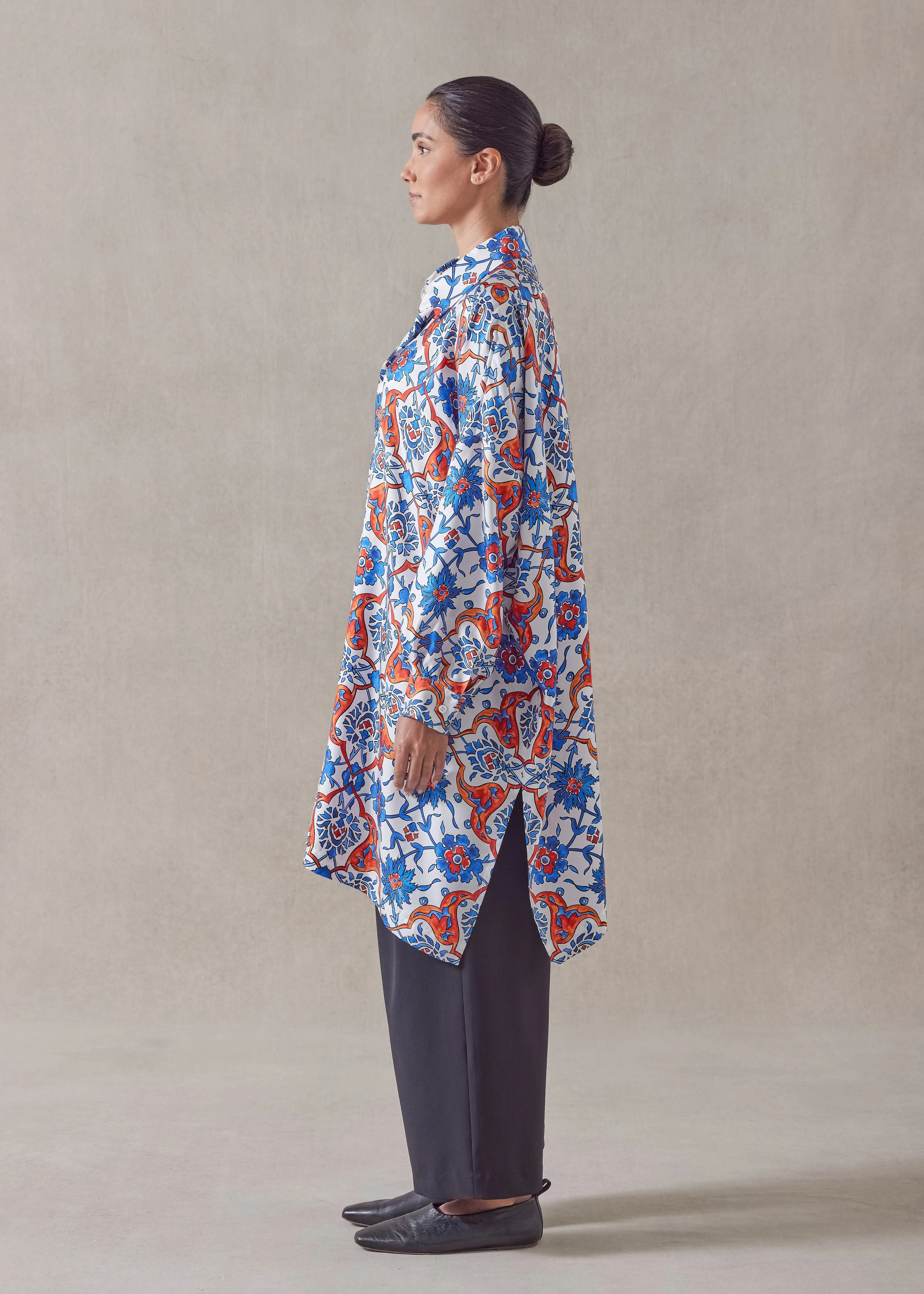 silk wide shirt with collar - very long with slits (lapisorange) sold by eskandar product image thumbnail 2