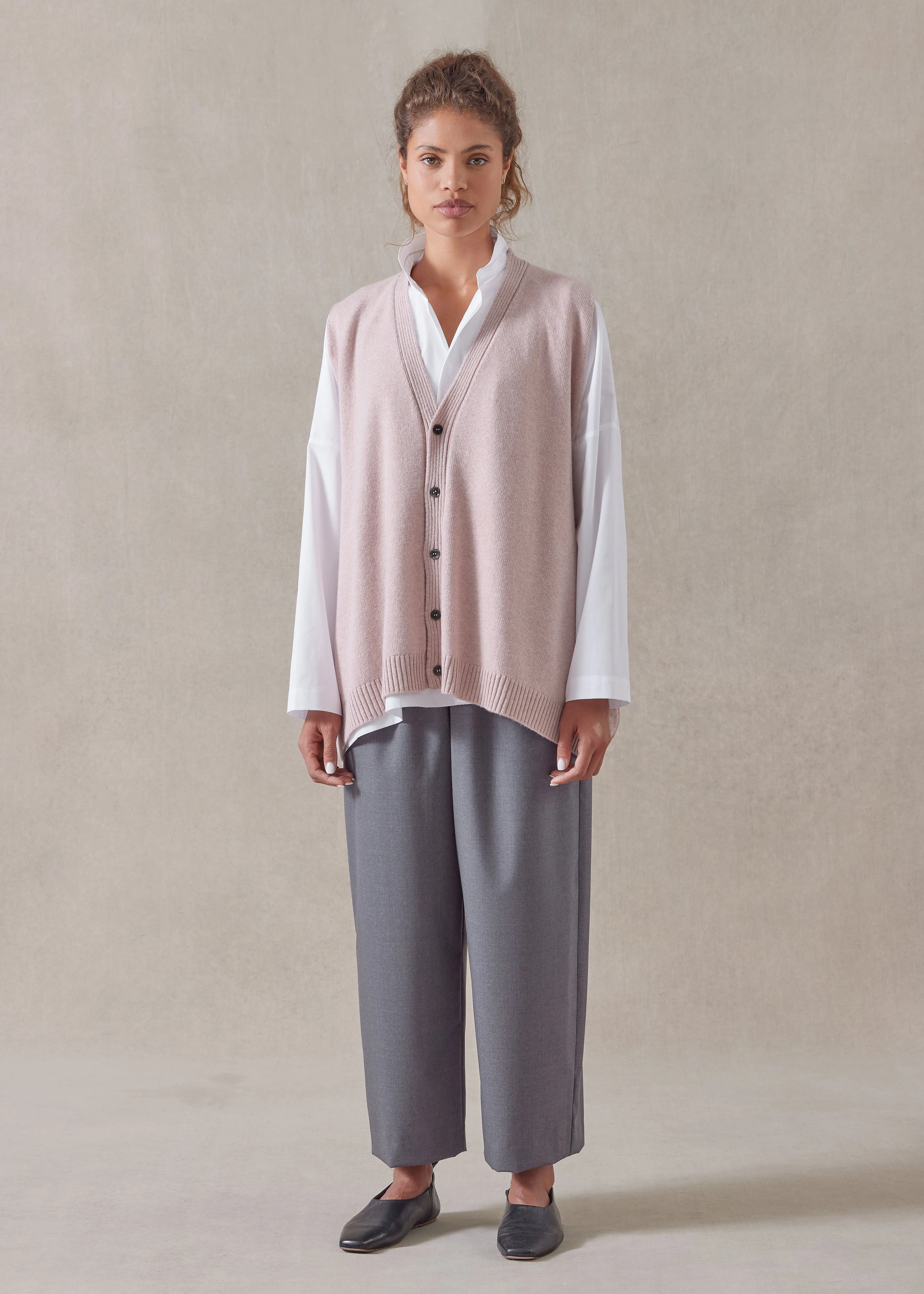 cashmere a-line sleeveless v-neck cardigan - mid plus (rosepowder) sold by eskandar