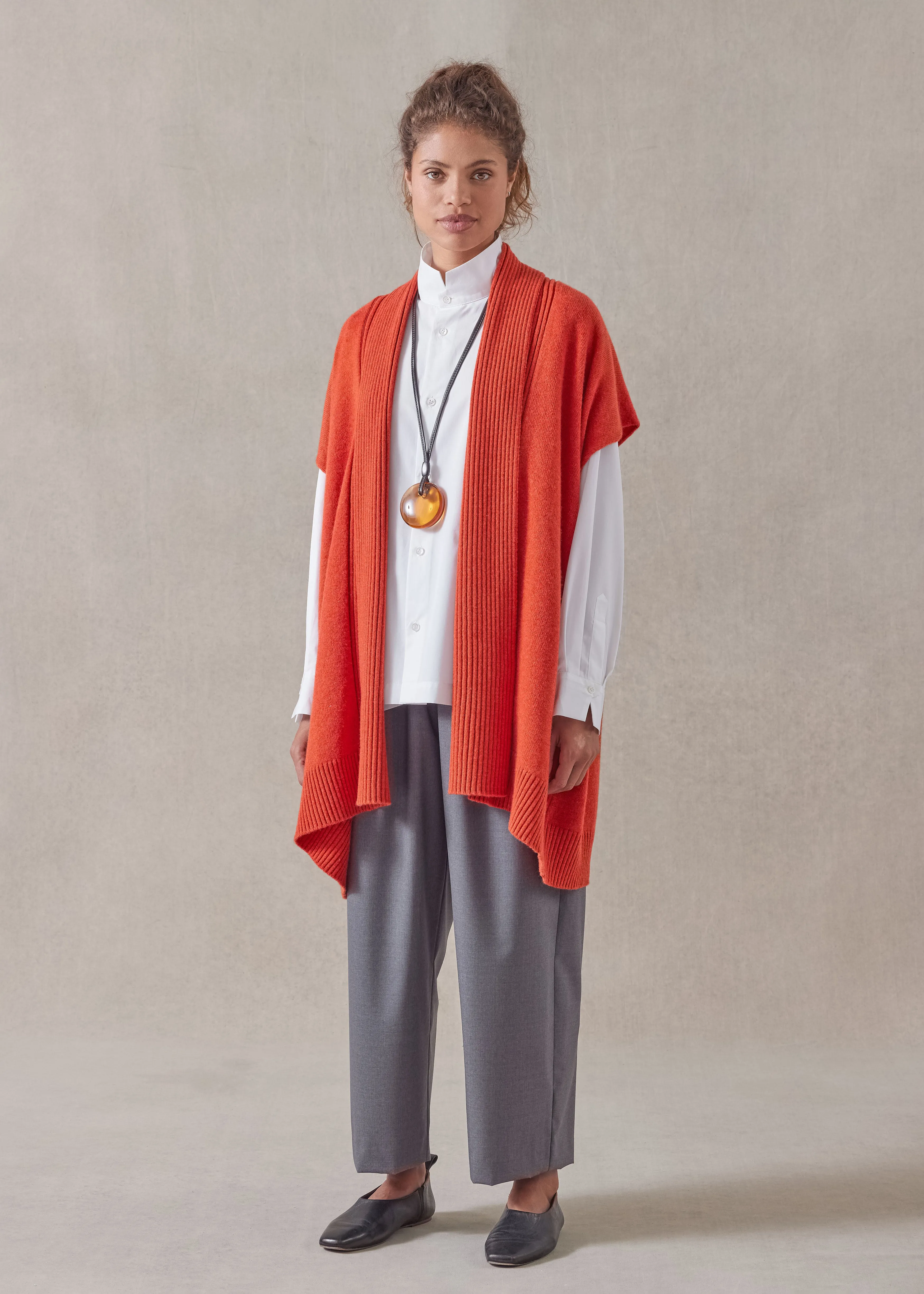 cashmere sleeveless a-line shawl collar waistcoat - long plus sold by eskandar