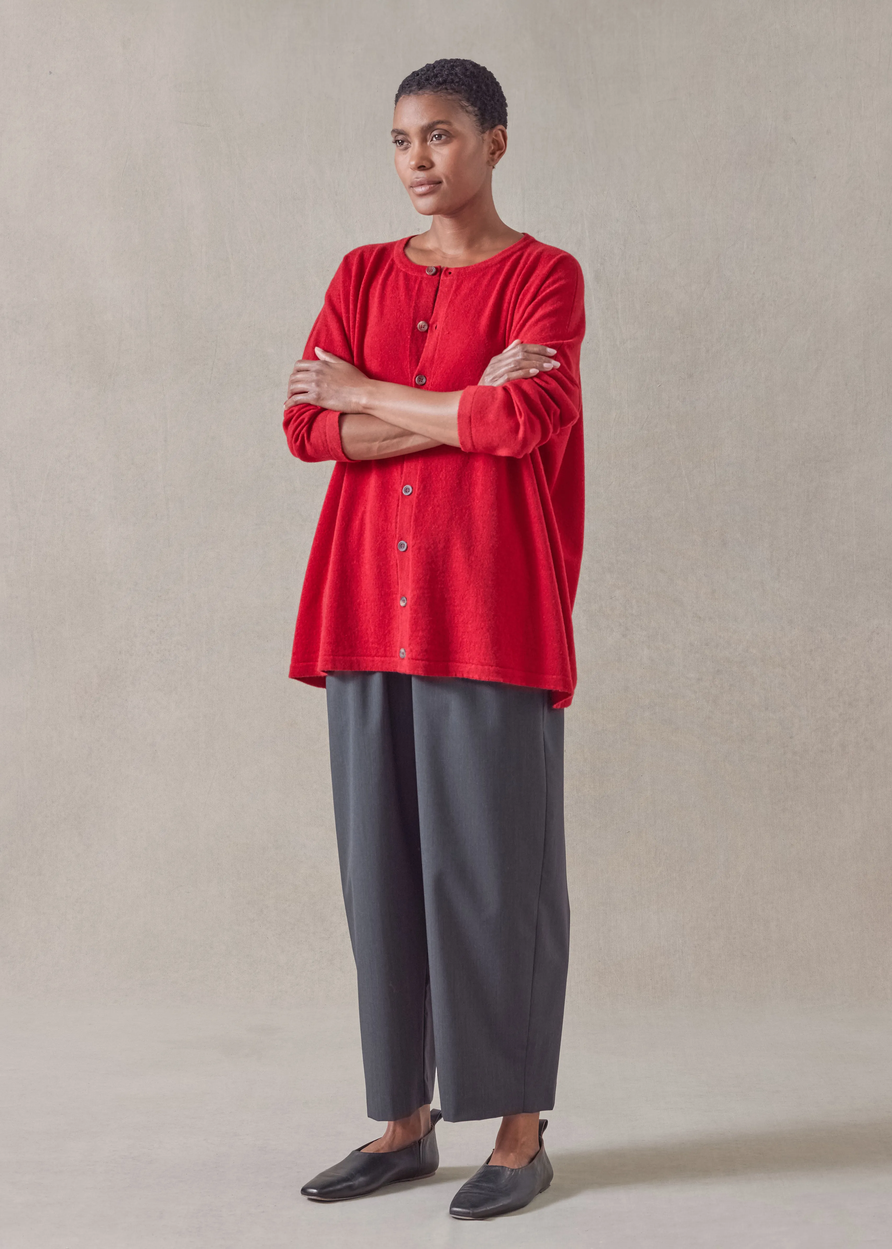 cashmere slim sleeve round neck cardigan - mid plus sold by eskandar