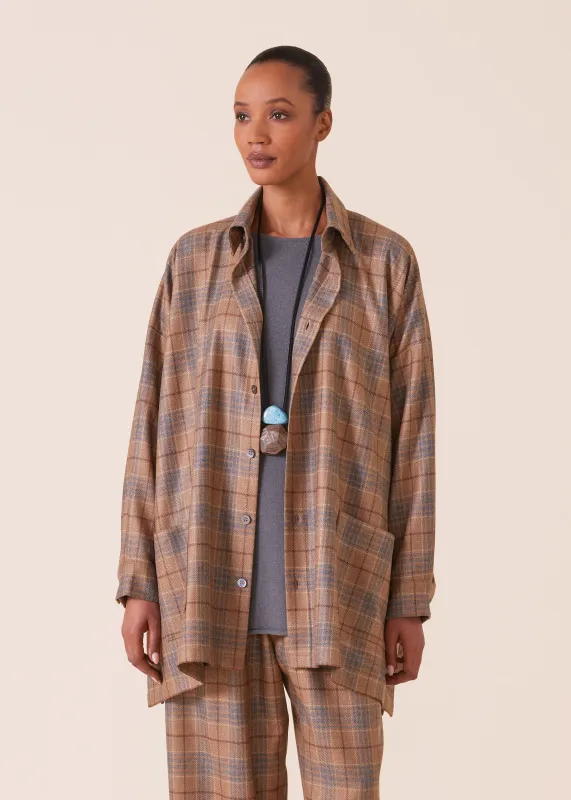 wool silk mix wide a-line shirt jacket with collar - long sold by eskandar