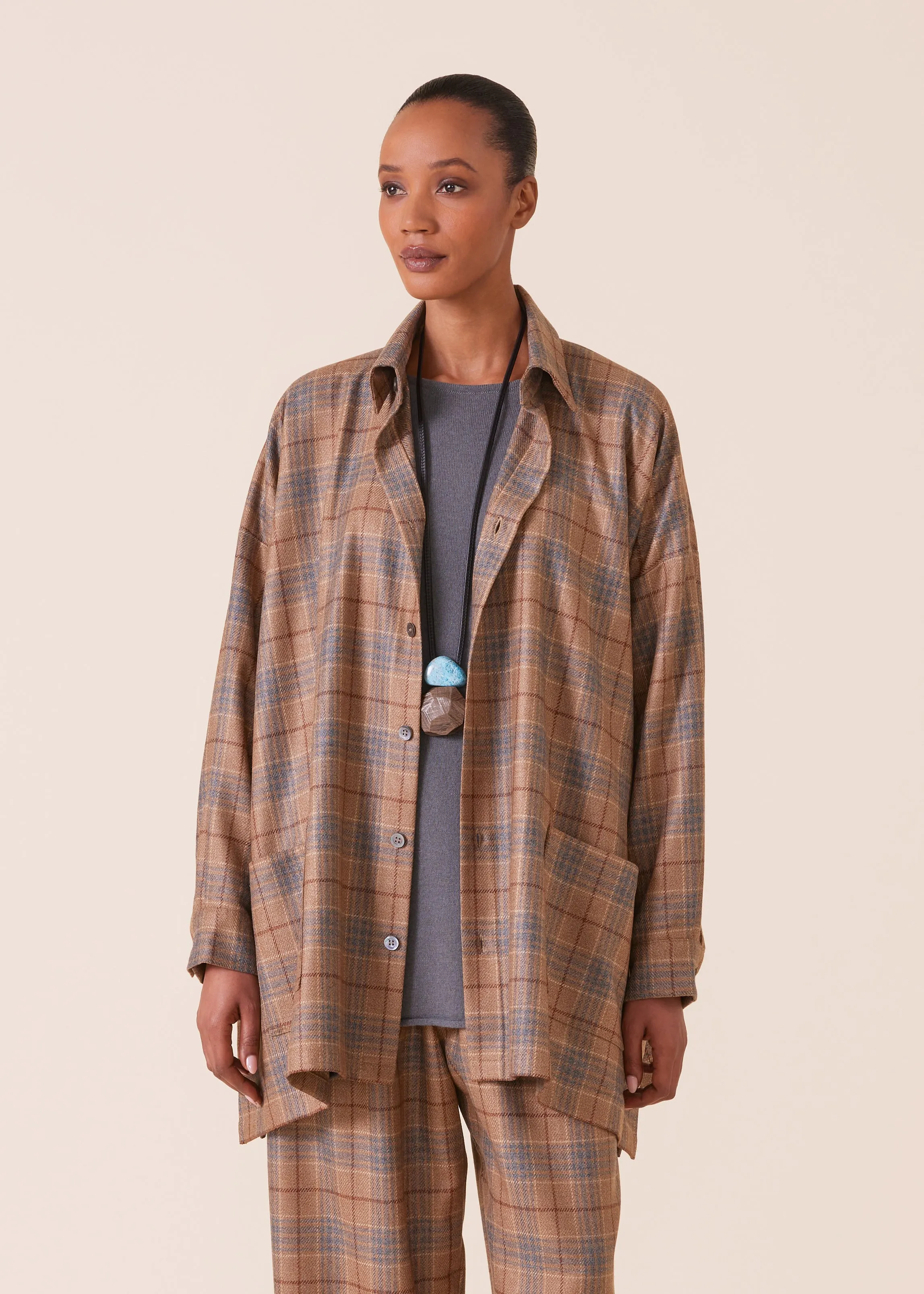 wool silk mix wide a-line shirt jacket with collar - long sold by eskandar