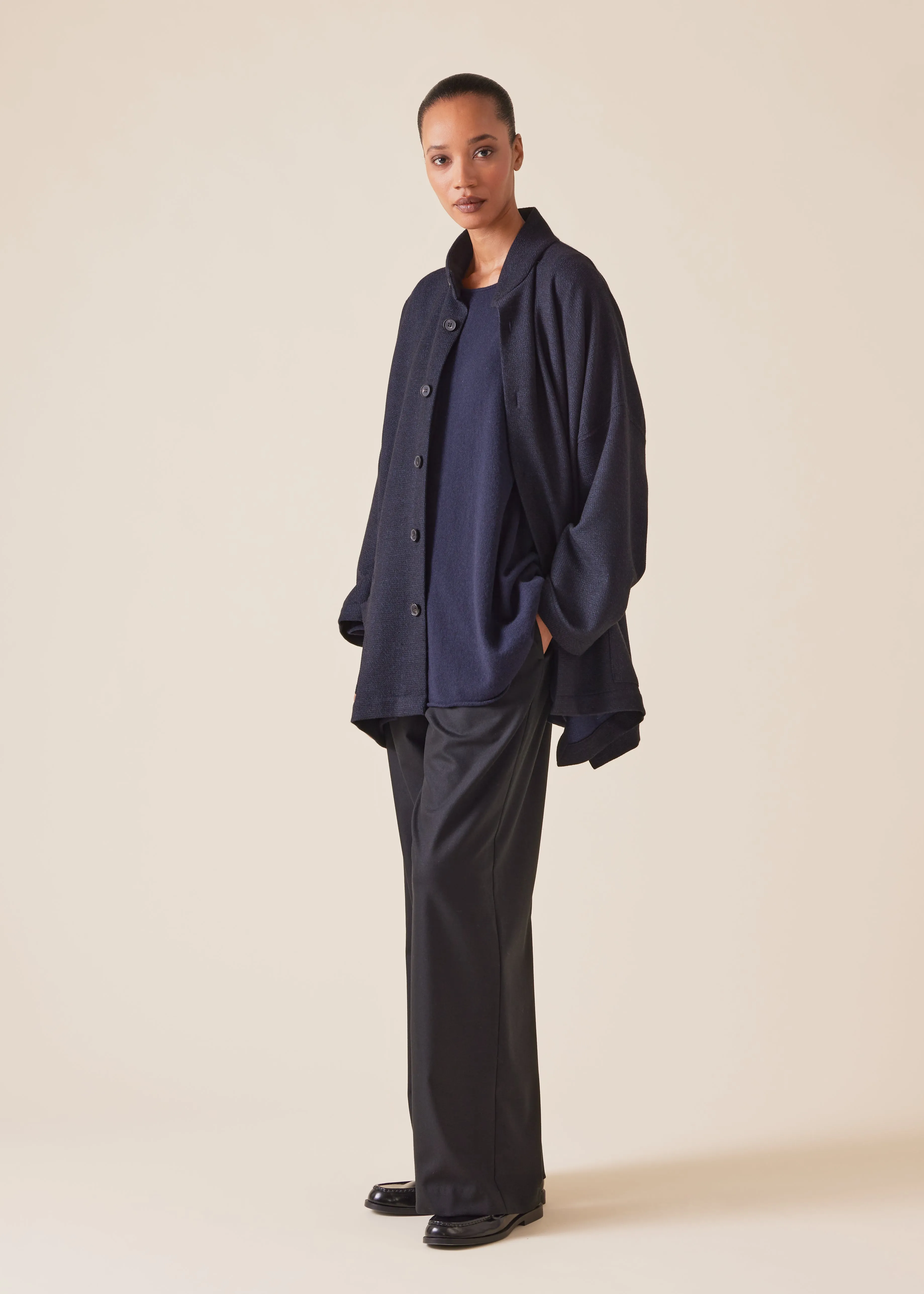 wool cashmere mix wide open stand collar jacket - long (navydark) sold by eskandar product image thumbnail 2