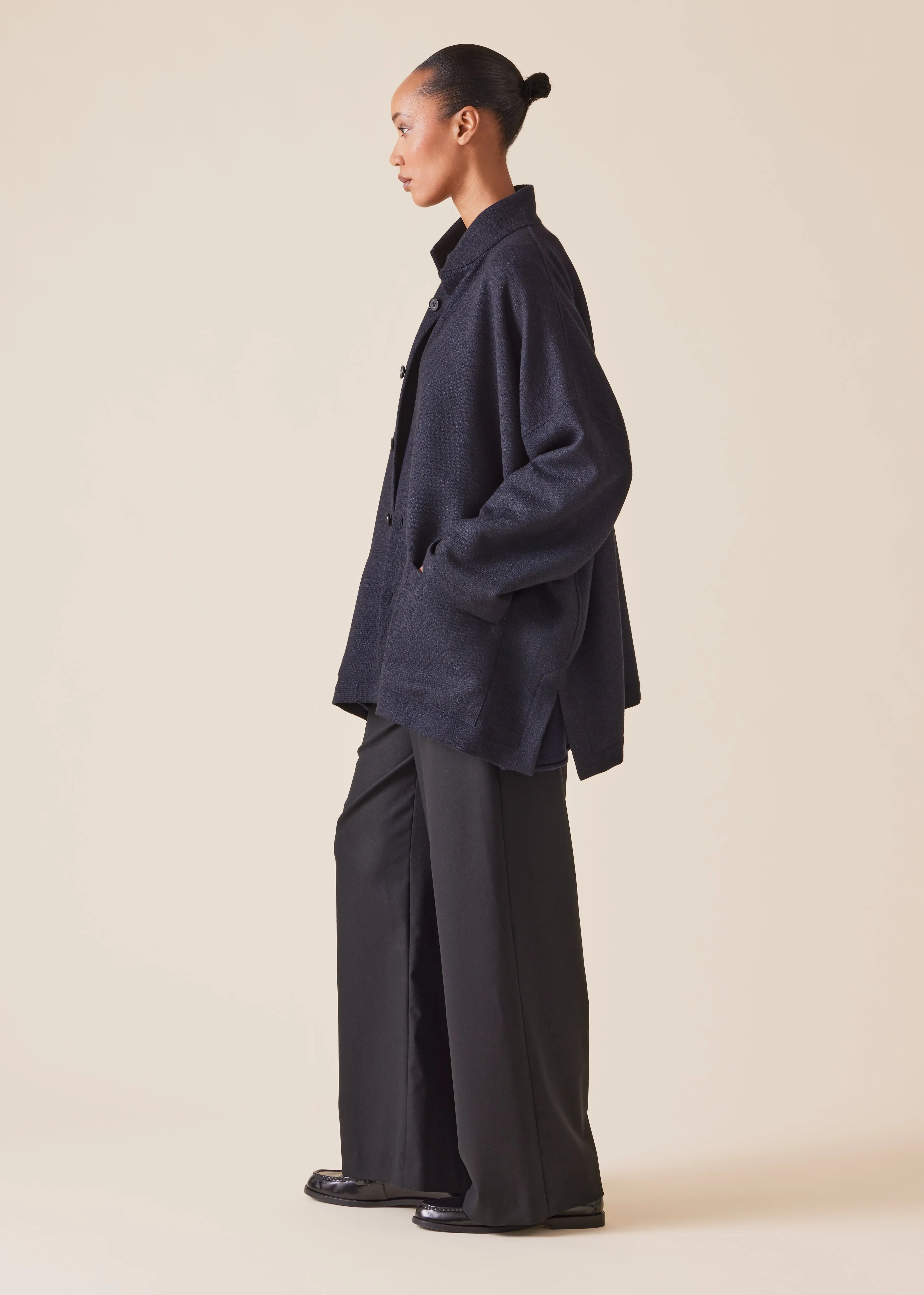 wool cashmere mix wide open stand collar jacket - long (navydark) sold by eskandar product image thumbnail 4