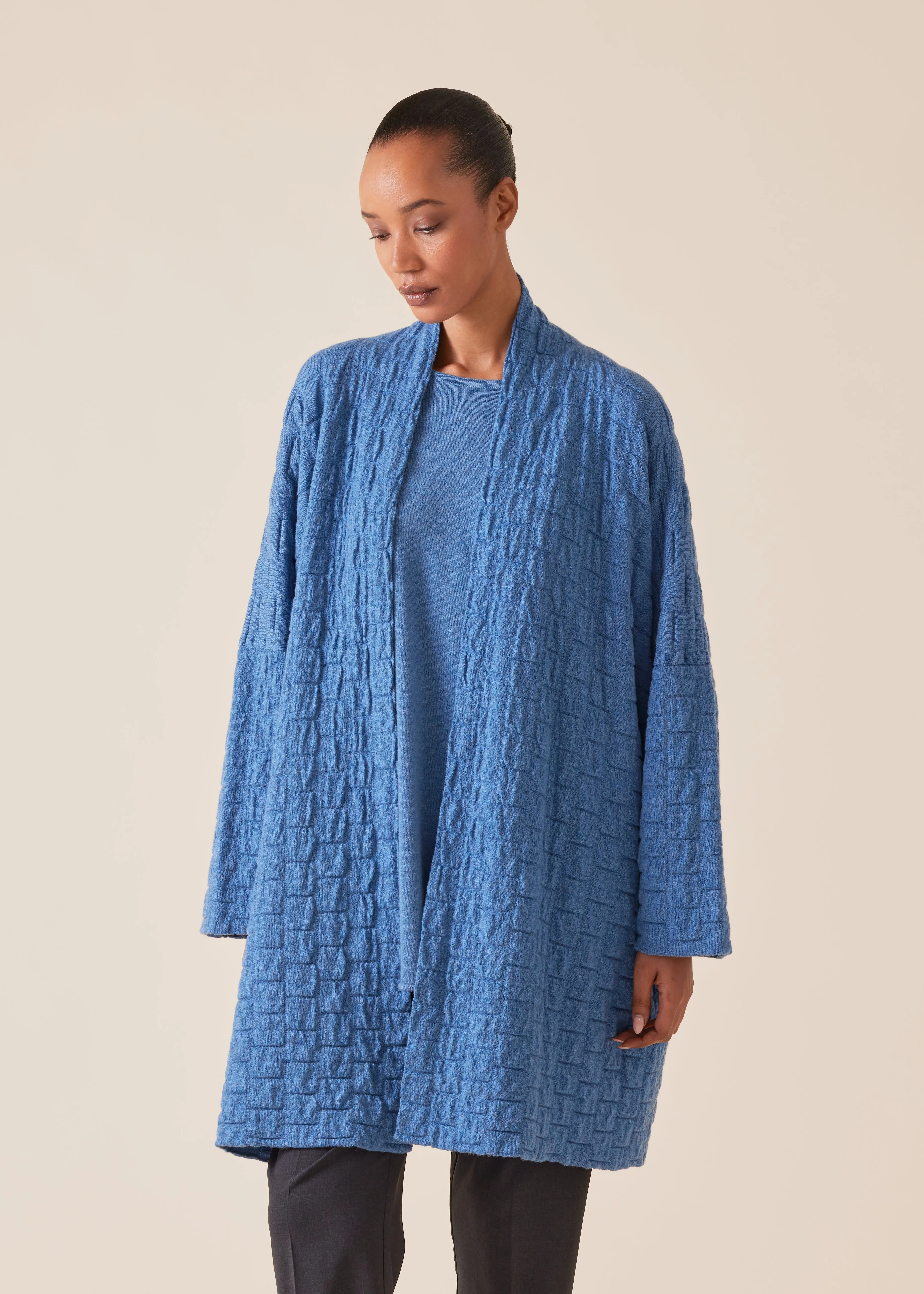 cashmere knitted scrunch shawl collar cardigan - long plus (denim) sold by eskandar