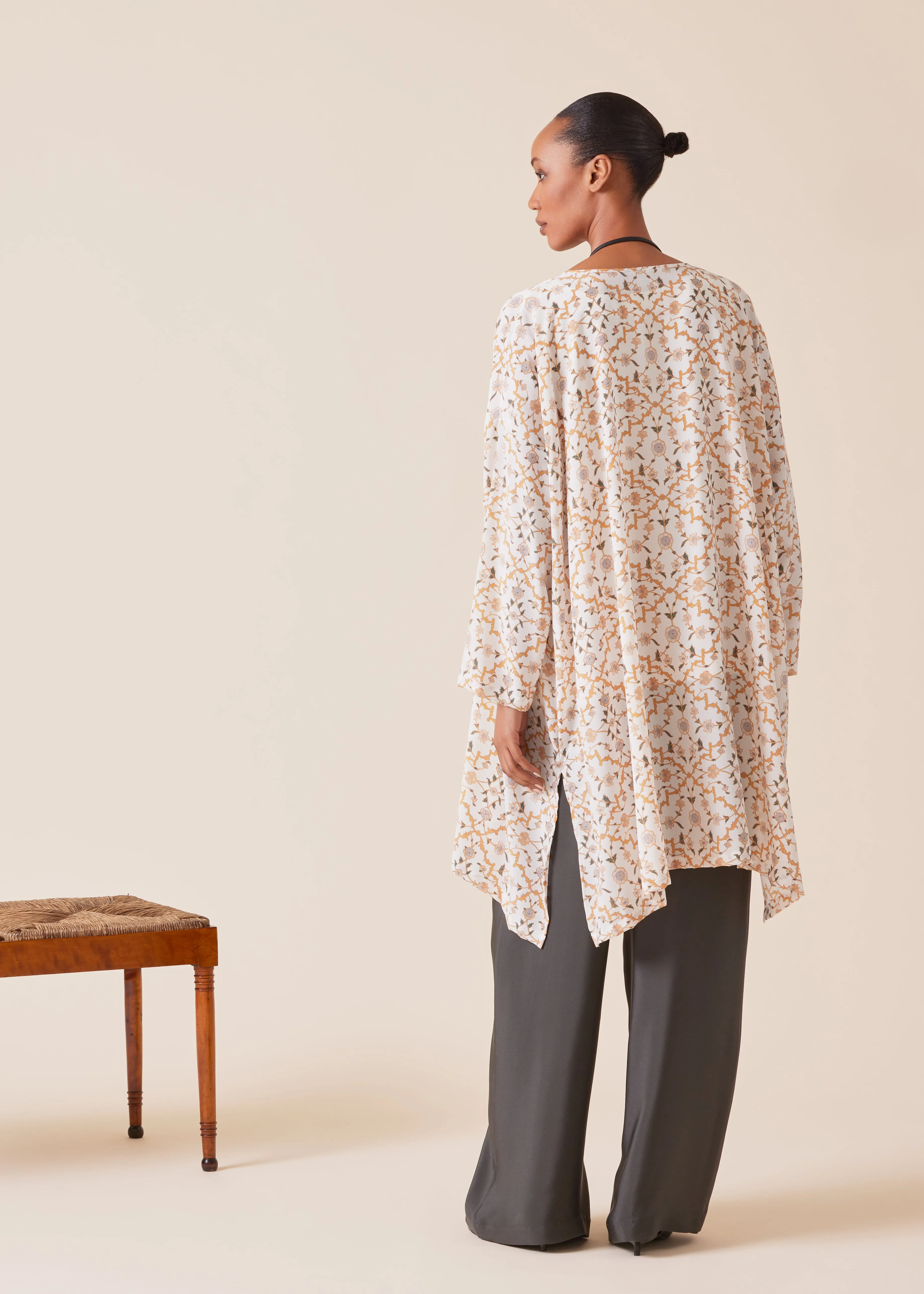 silk wide a-line bound neck shirt - very long with slits sold by eskandar product image thumbnail 4