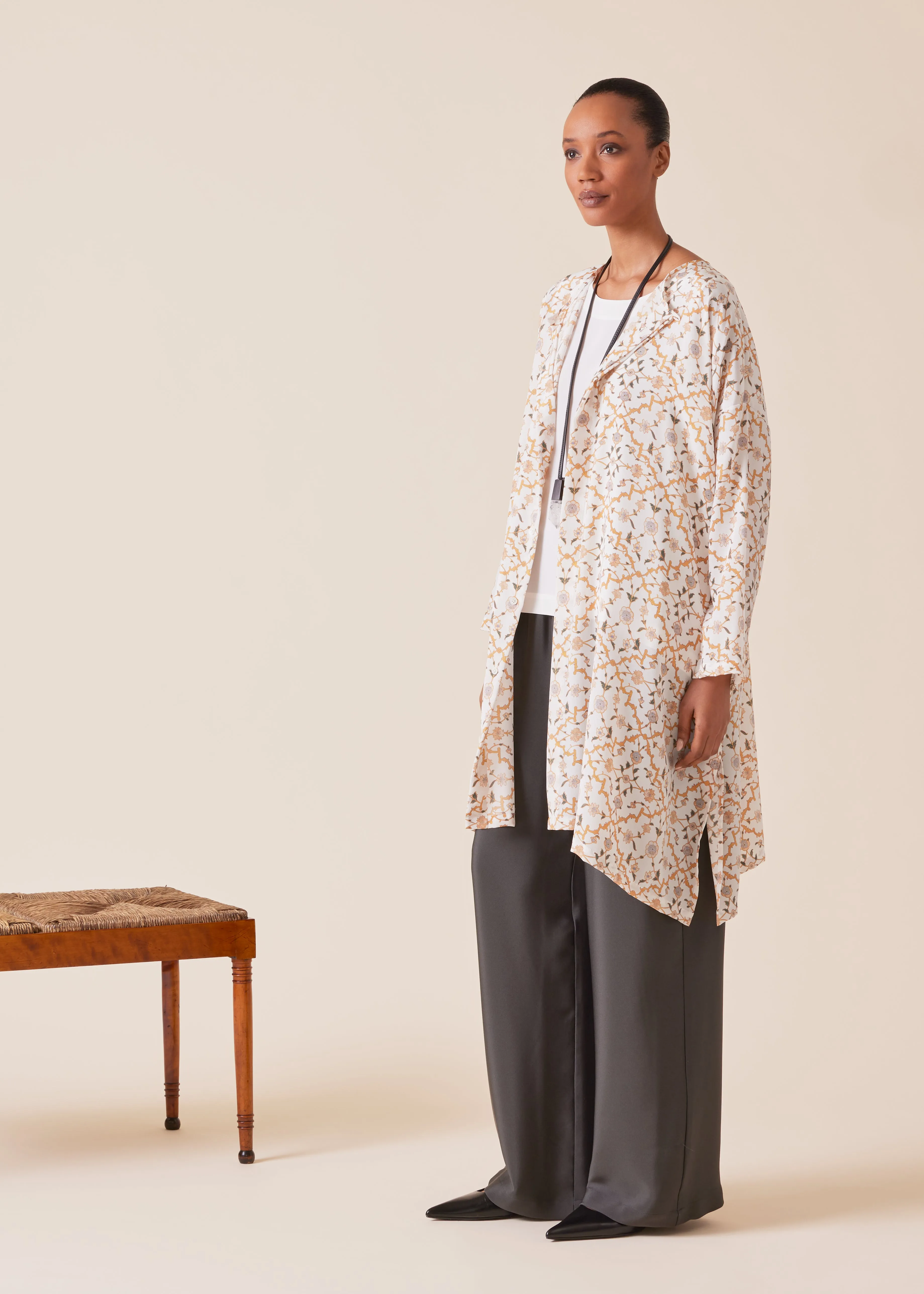 silk wide a-line bound neck shirt - very long with slits sold by eskandar product image thumbnail 2