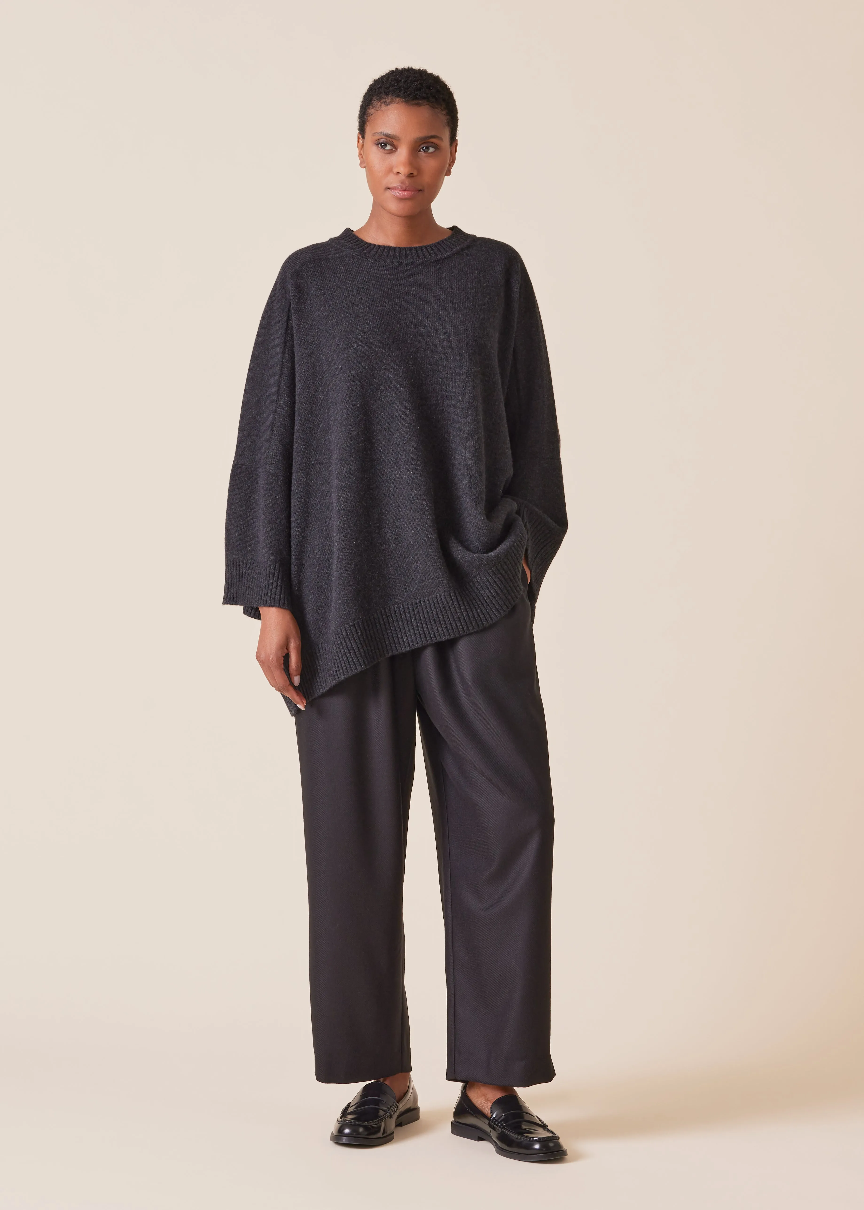 cashmere sloped shoulder round neck sweater - long (coal) sold by eskandar product image thumbnail 2