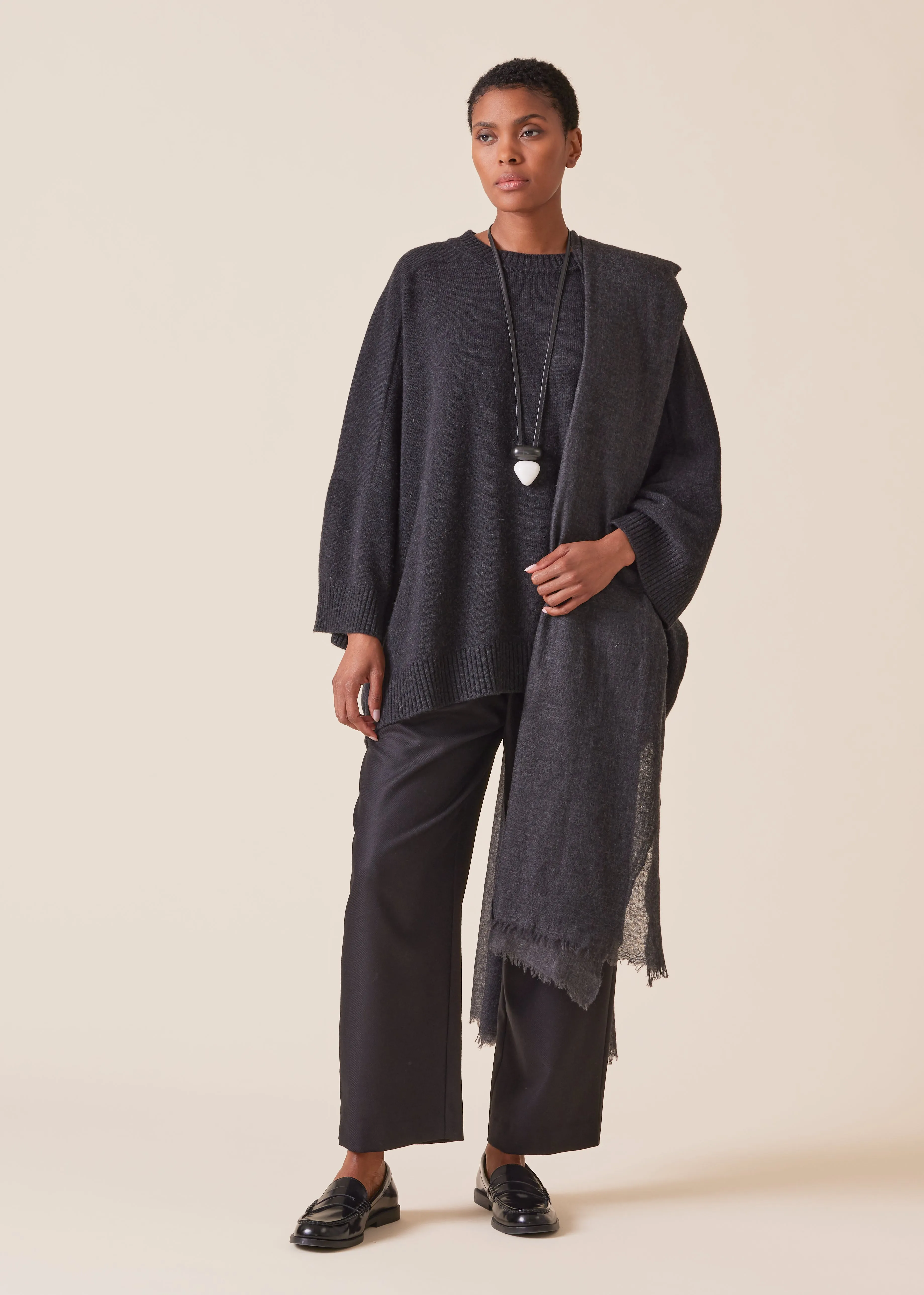 cashmere sloped shoulder round neck sweater - long (coal) sold by eskandar