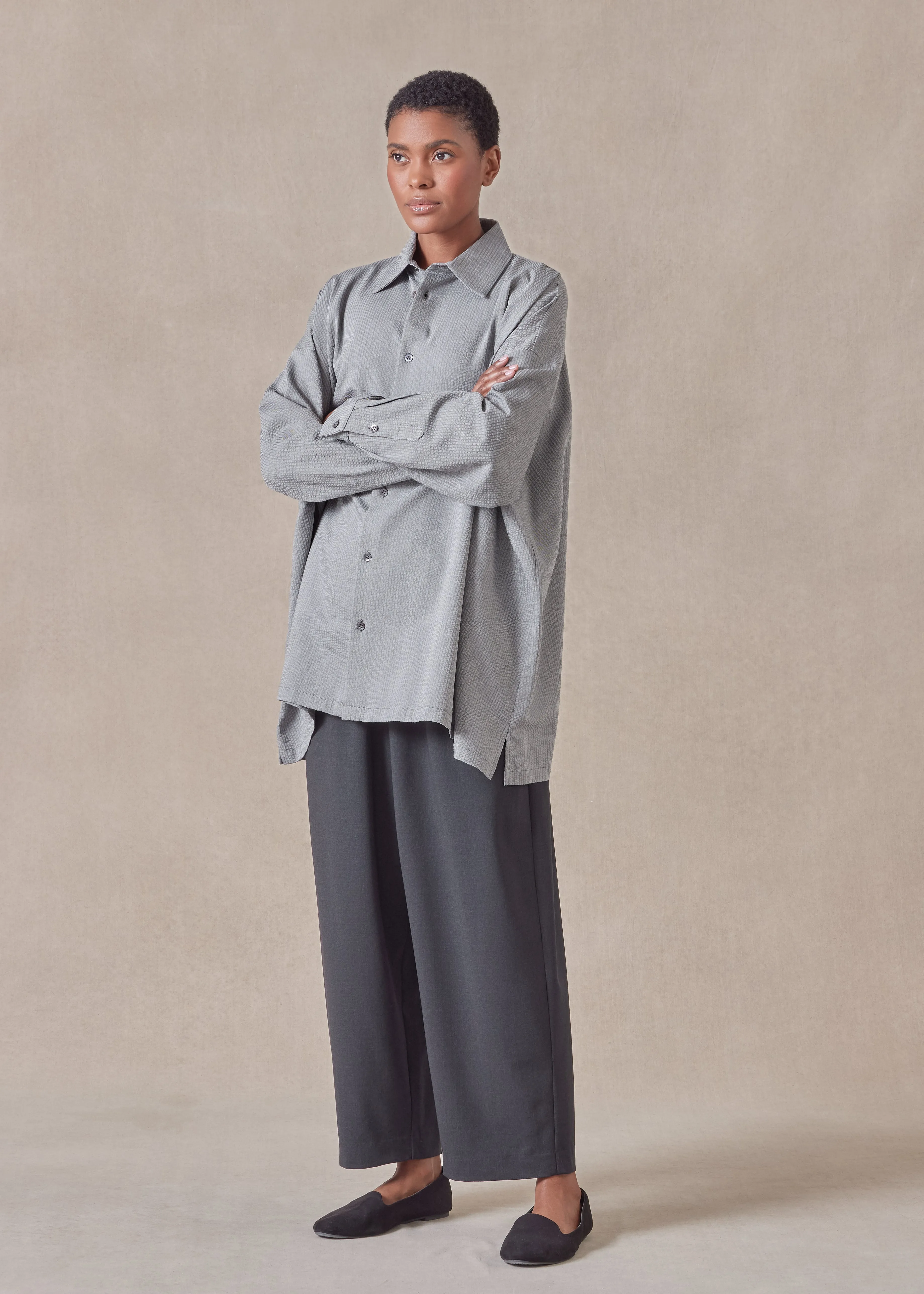 cotton wide a-line shirt with collar - long sold by eskandar product image thumbnail 4