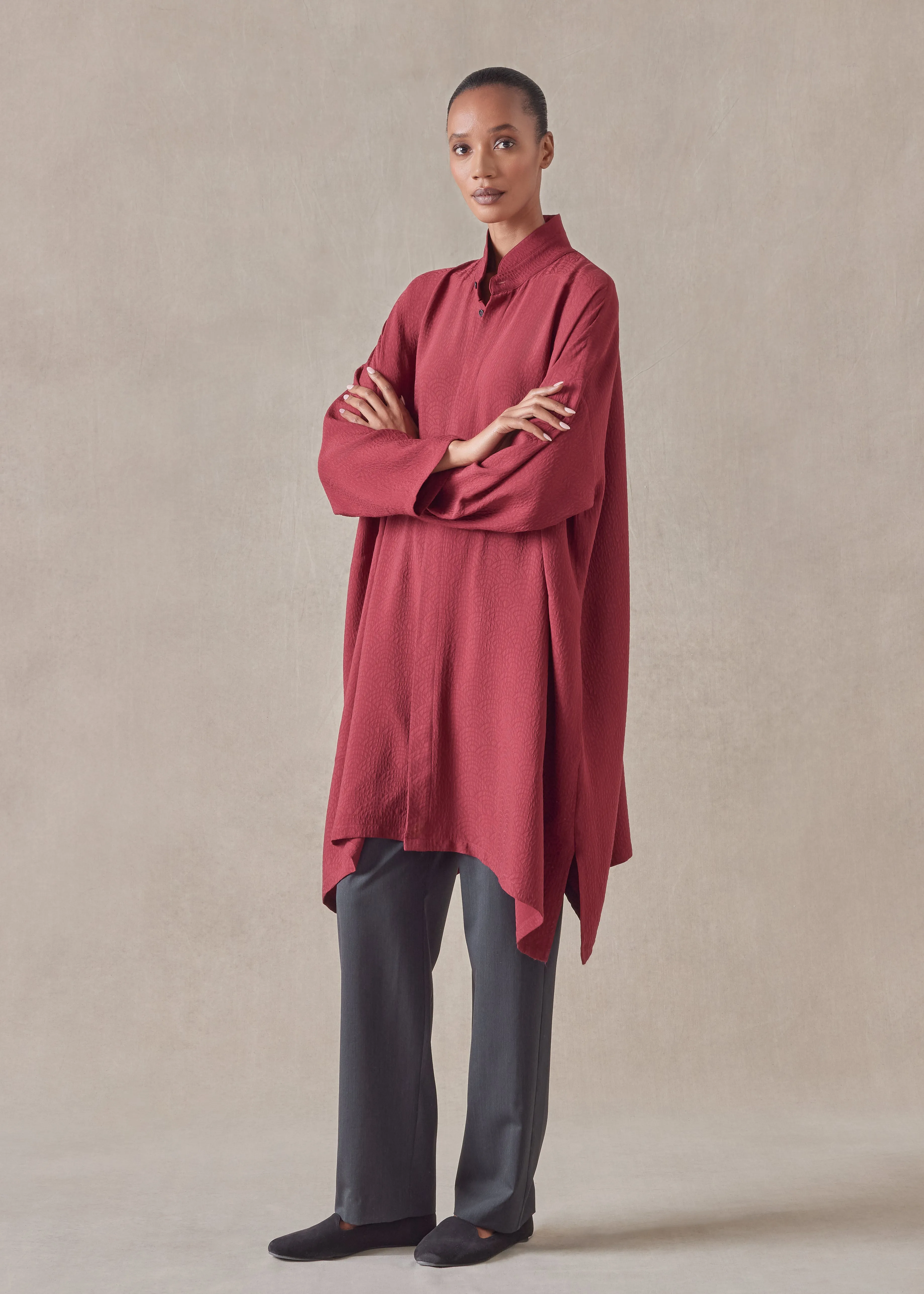 silk jacquard wide a-line double stand collar shirt - very long with slits sold by eskandar