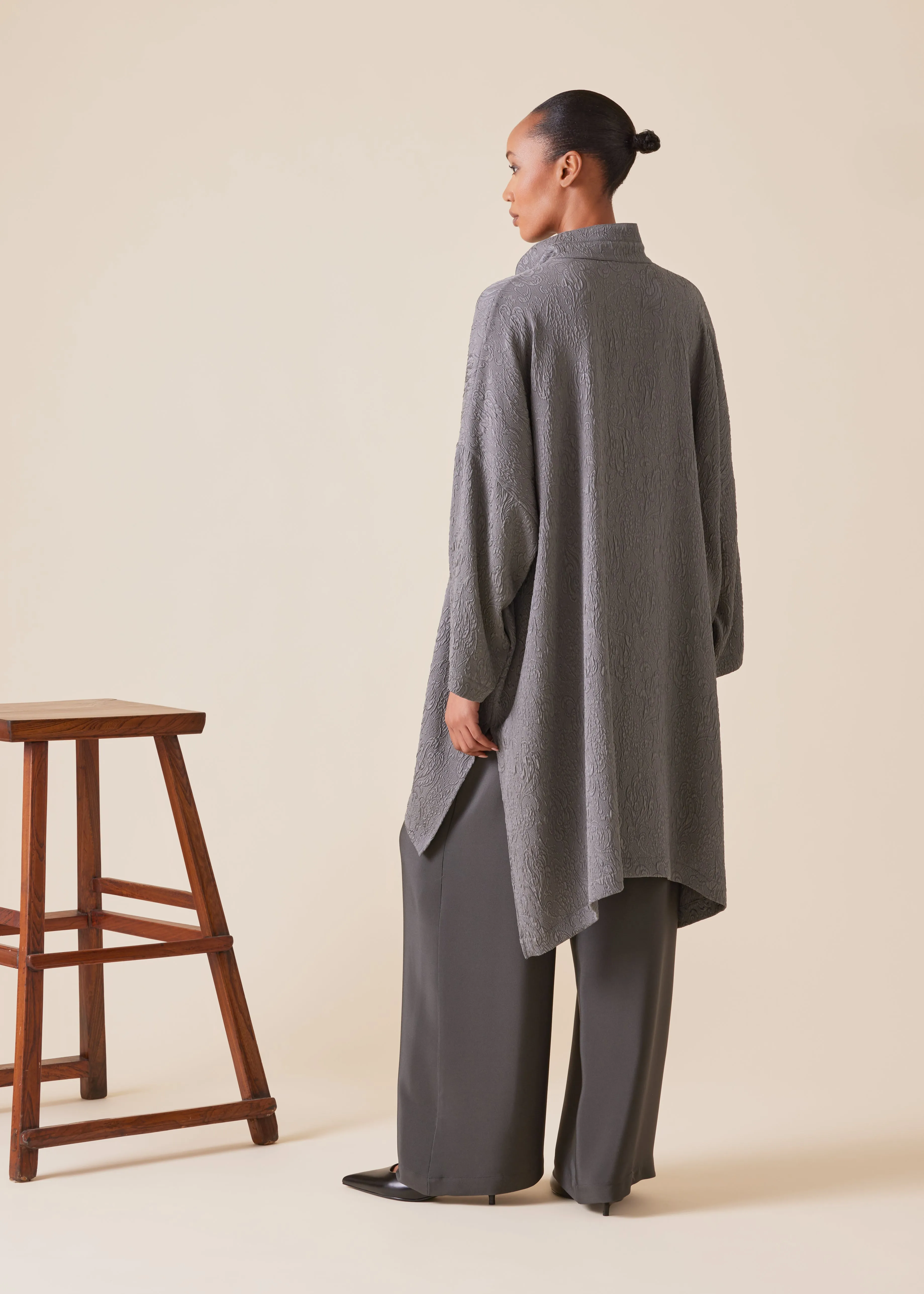 silk wide longer back double stand collar shirt - very long with slits sold by eskandar product image thumbnail 3