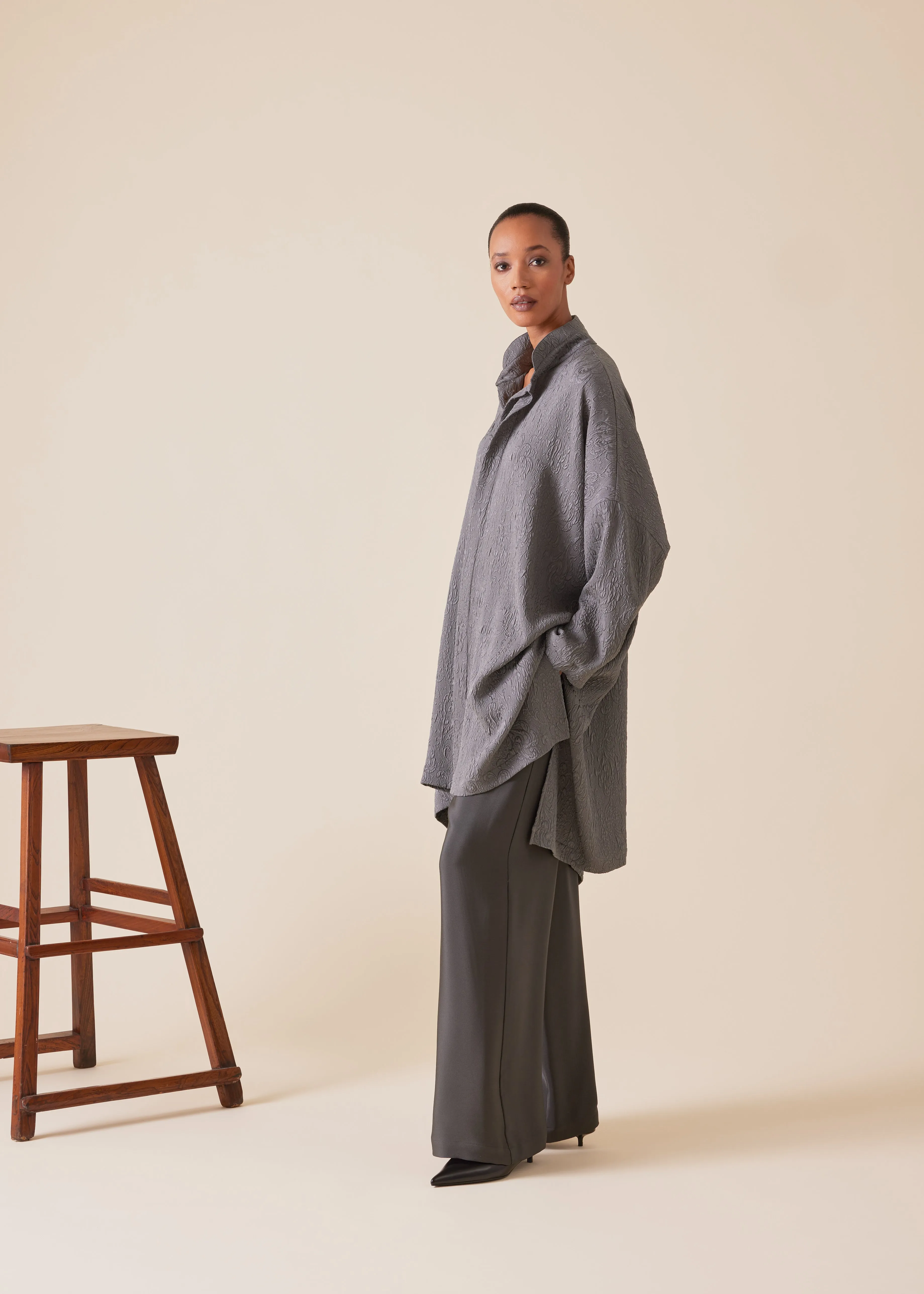 silk wide longer back double stand collar shirt - very long with slits sold by eskandar product image thumbnail 2