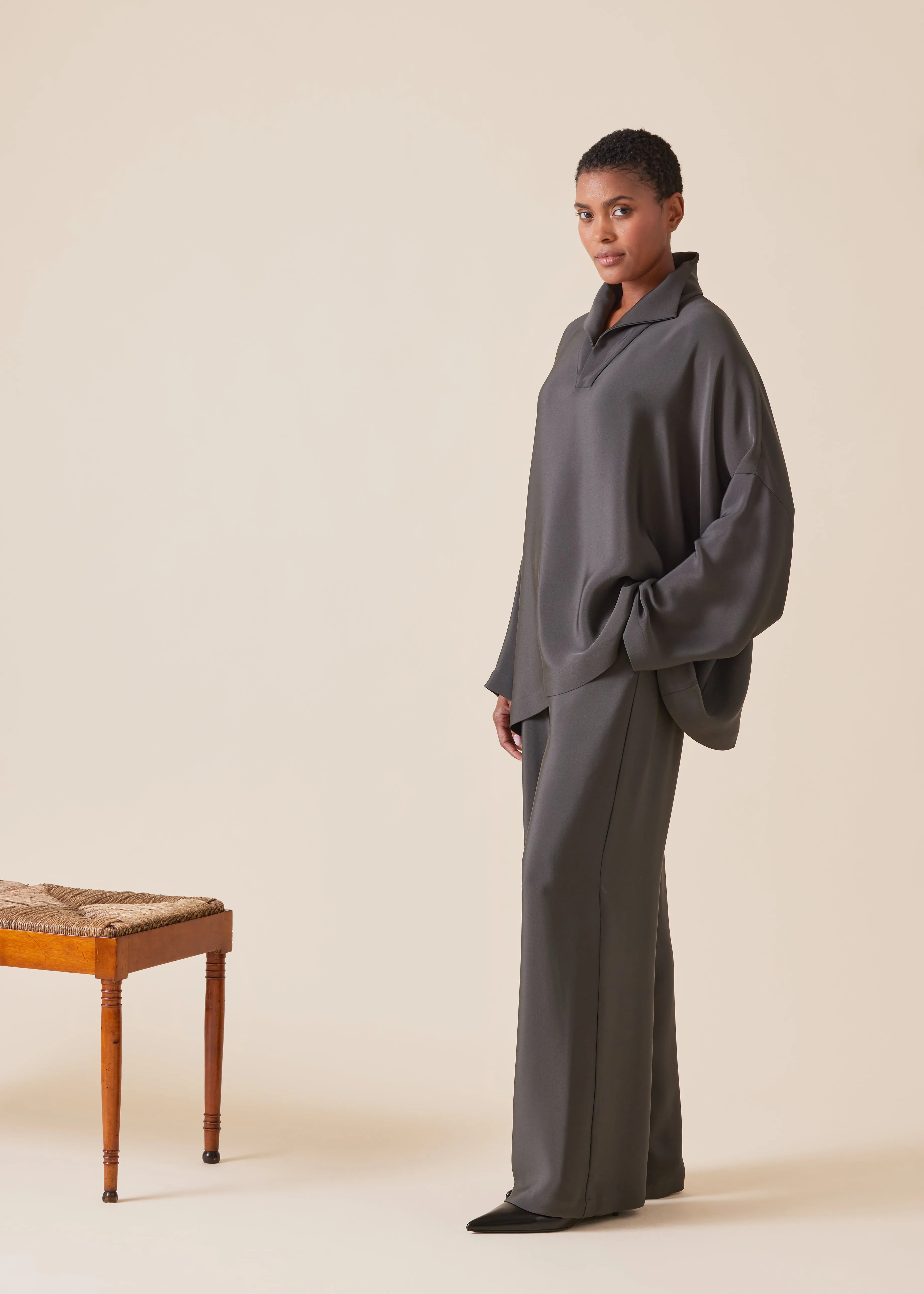 silk imperial tunic with open stand collar - mid plus sold by eskandar product image thumbnail 2