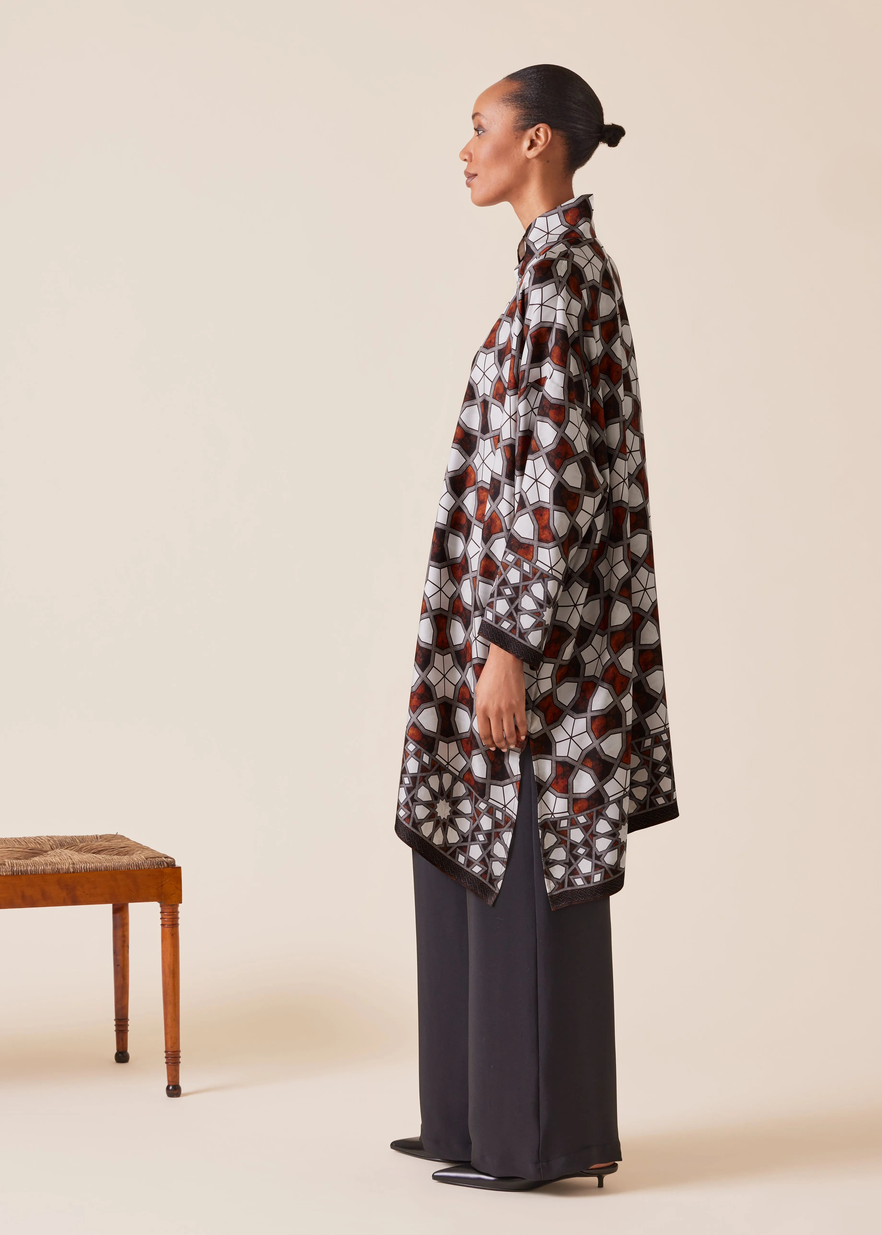 silk wide a-line chinese collar shirt - very long with slits sold by eskandar product image thumbnail 2