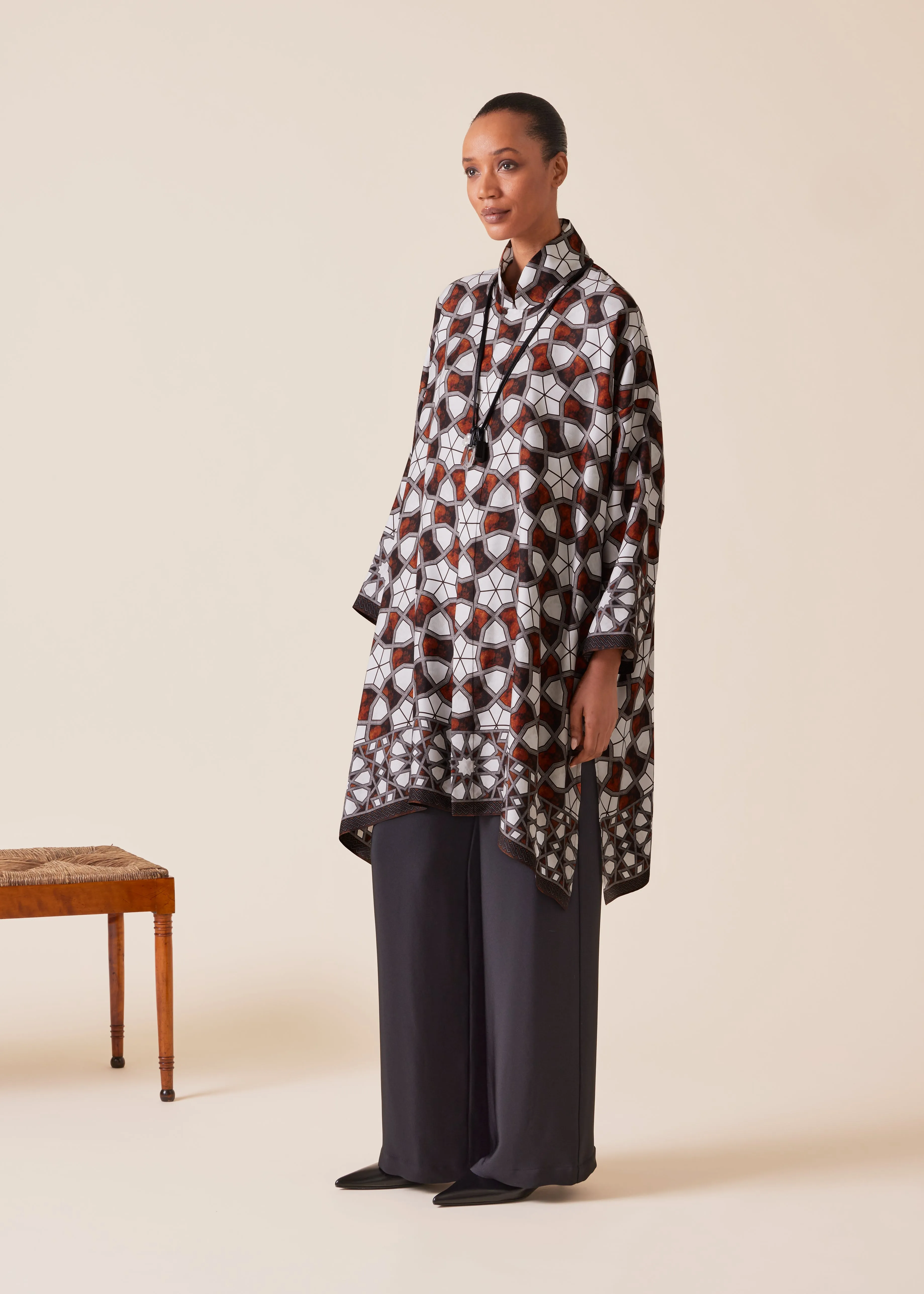 silk wide a-line chinese collar shirt - very long with slits sold by eskandar