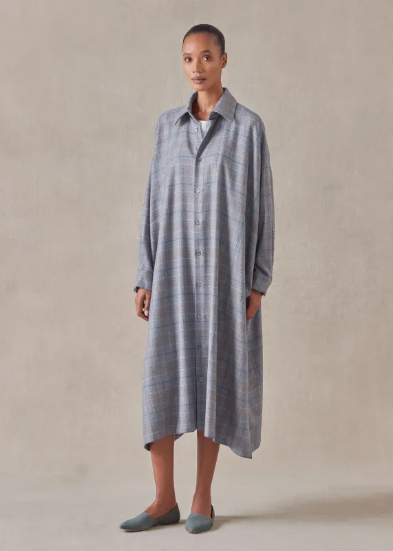 wool silk mix wide a-line shirt dress with collar made by eskandar