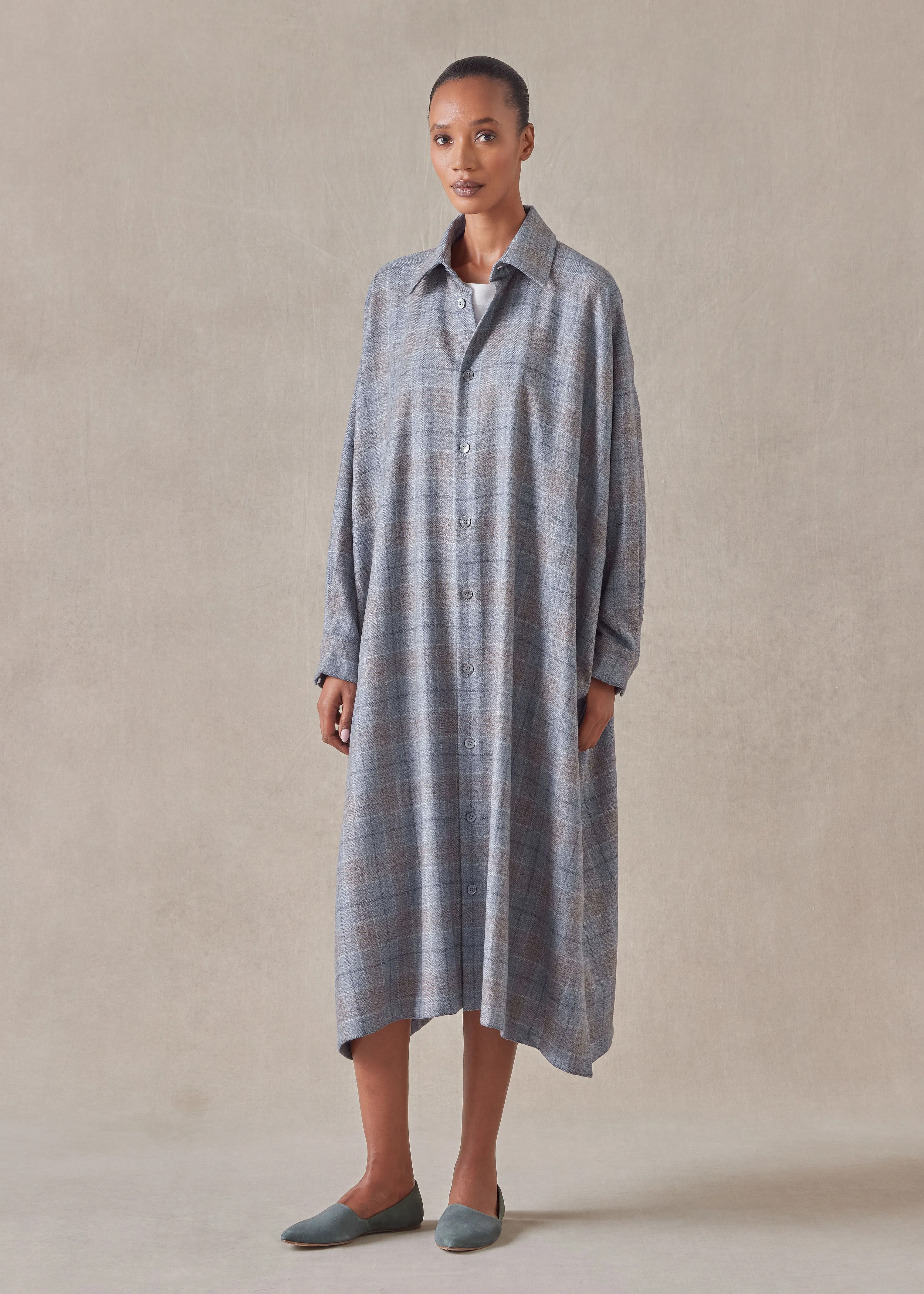 wool silk mix wide a-line shirt dress with collar sold by eskandar