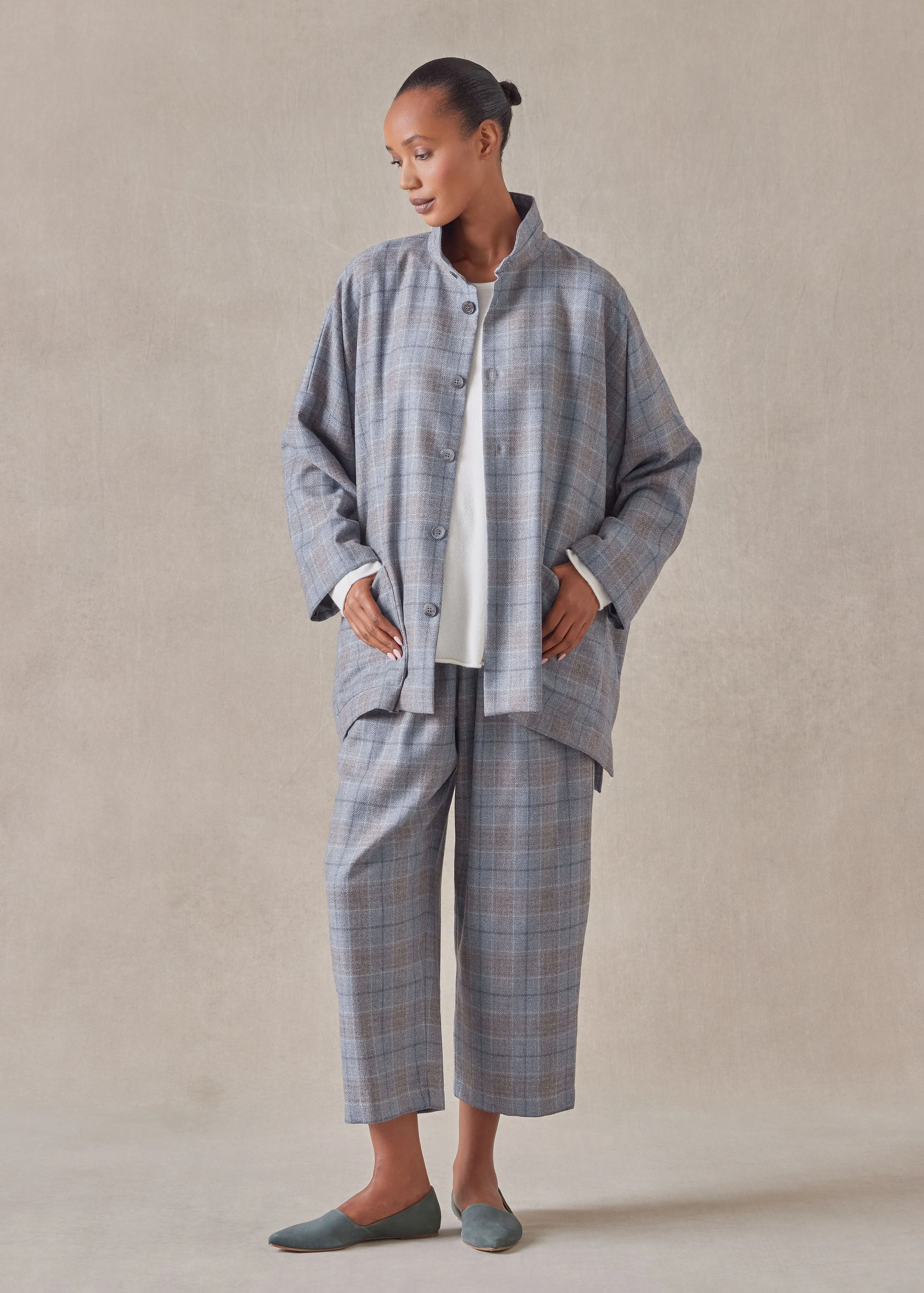 wool silk mix wide longer back double stand collar jacket - long sold by eskandar