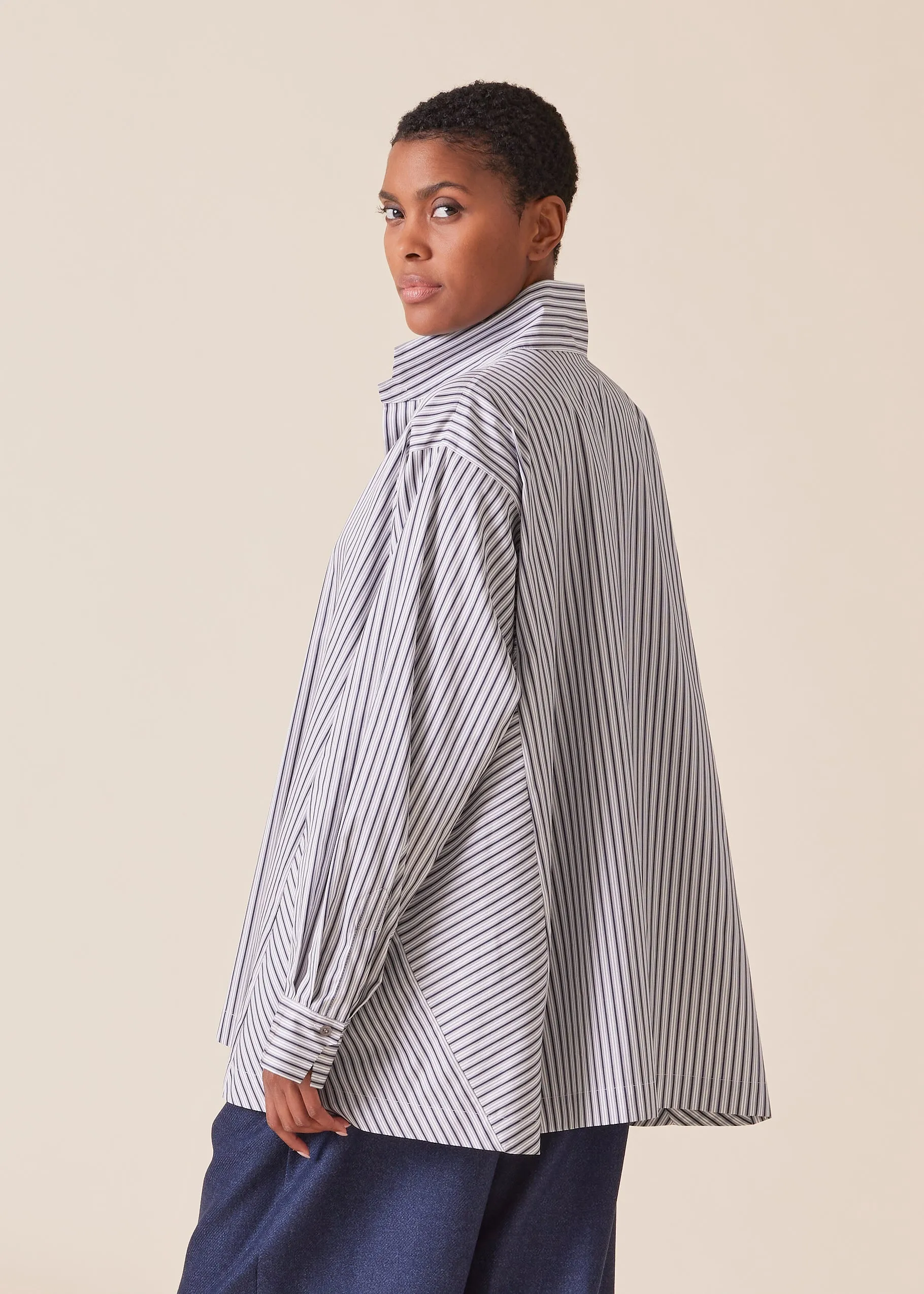 cotton caucasus shirt with notch collar - long (navystripe) sold by eskandar product image thumbnail 4
