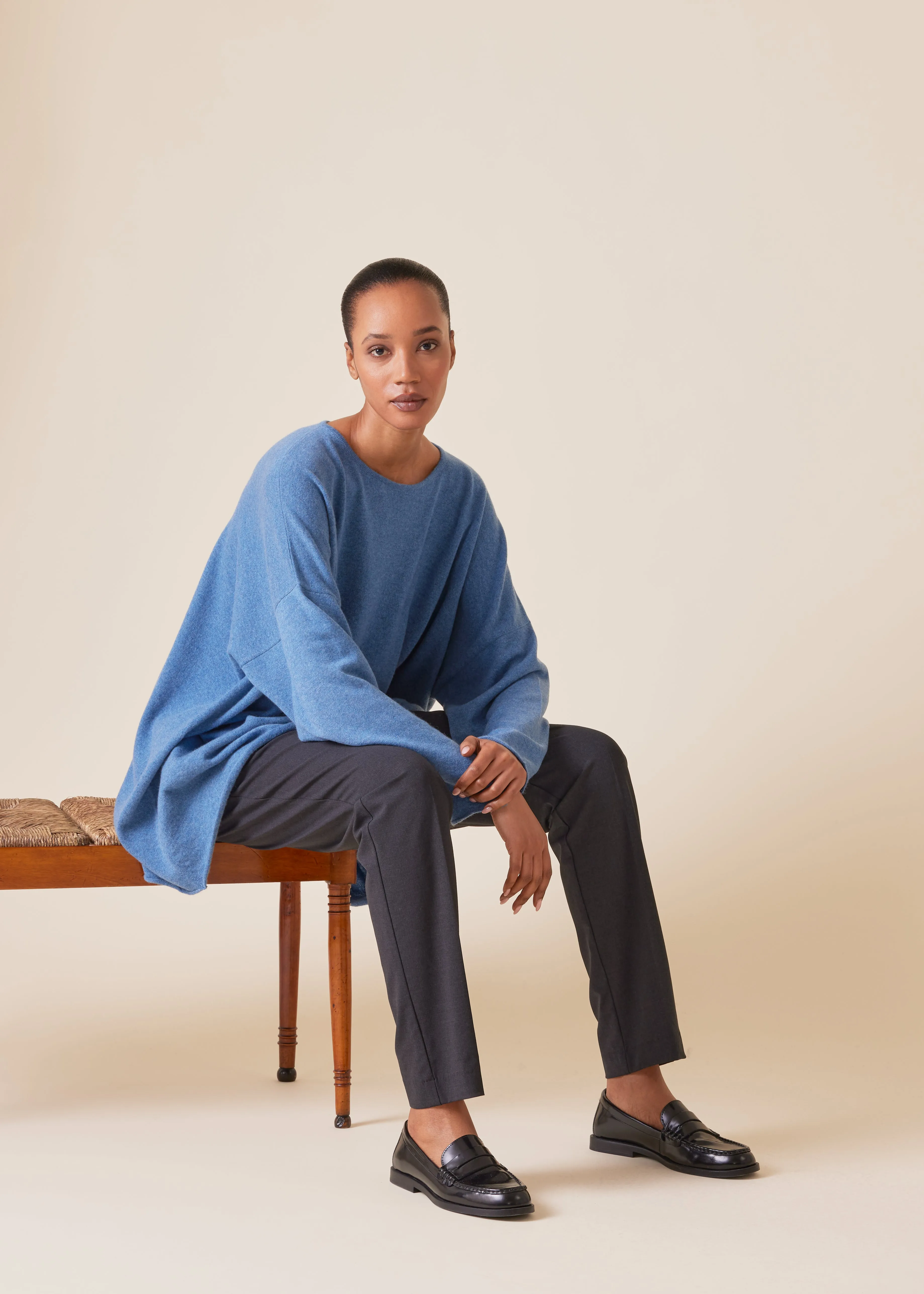 cashmere a-line bateau neck sweater - long (denim) sold by eskandar product image thumbnail 4