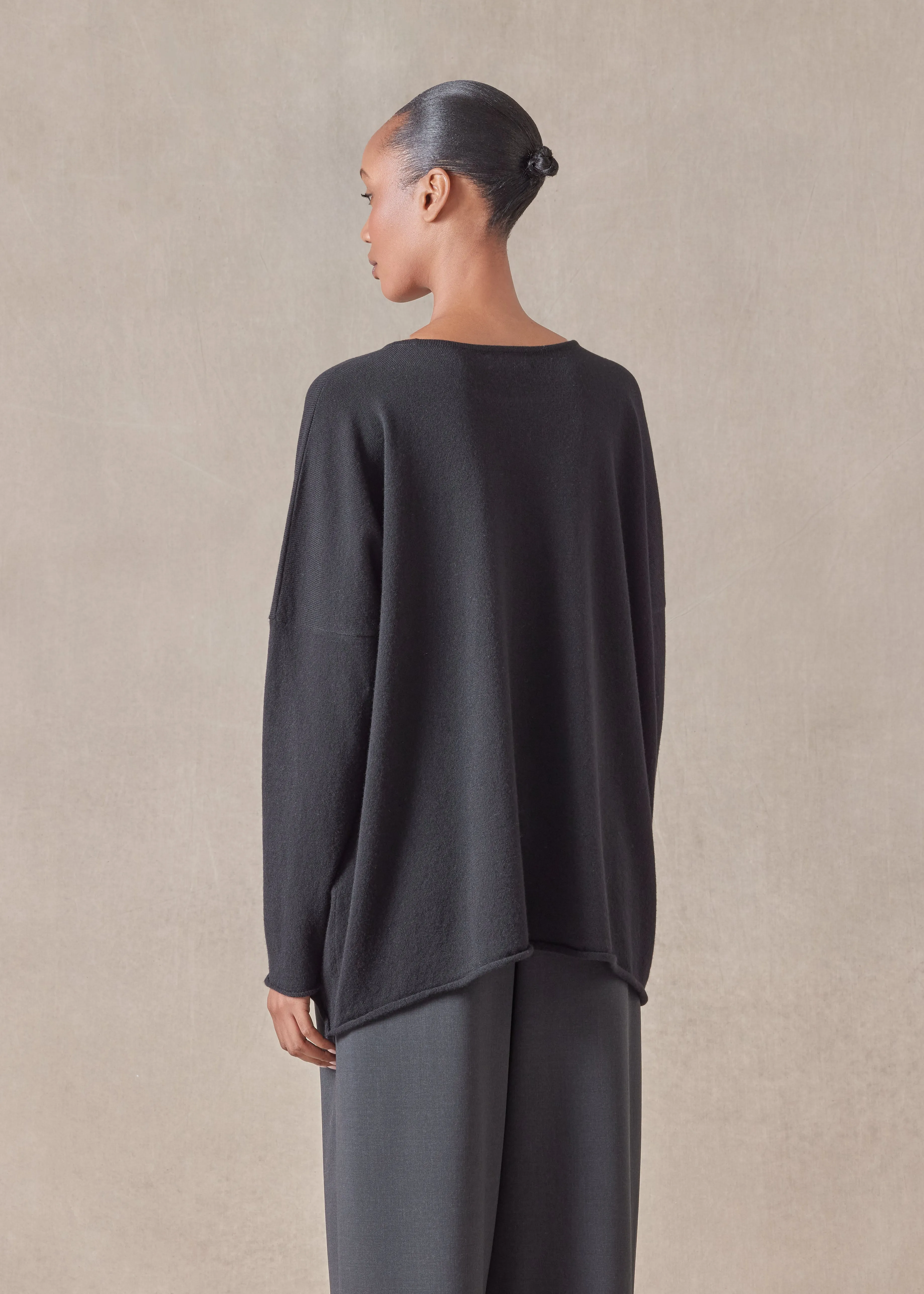 cashmere slim sleeve raw edge bateau neck sweater - mid plus (black) sold by eskandar product image thumbnail 4