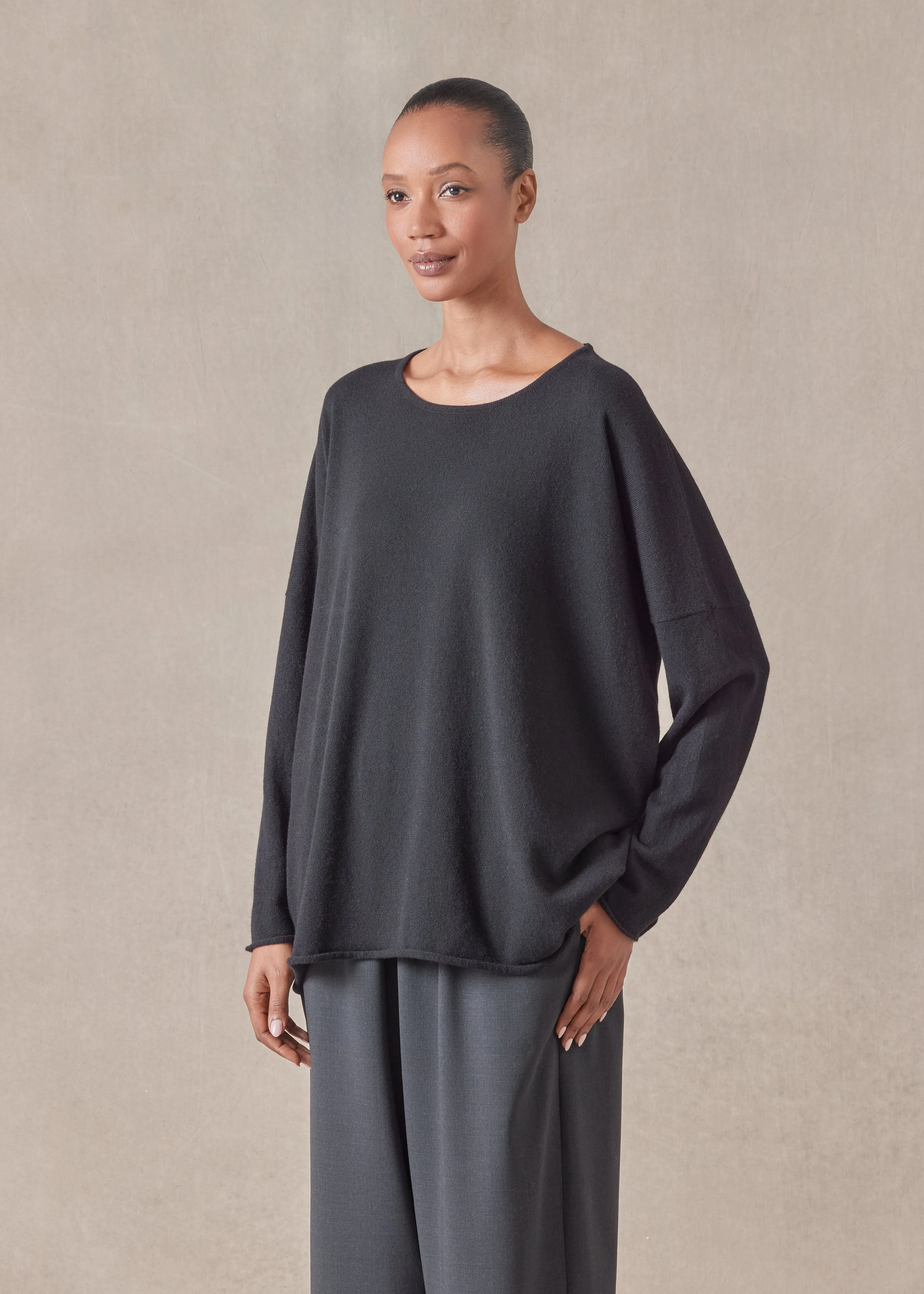 cashmere slim sleeve raw edge bateau neck sweater - mid plus (black) sold by eskandar product image thumbnail 2