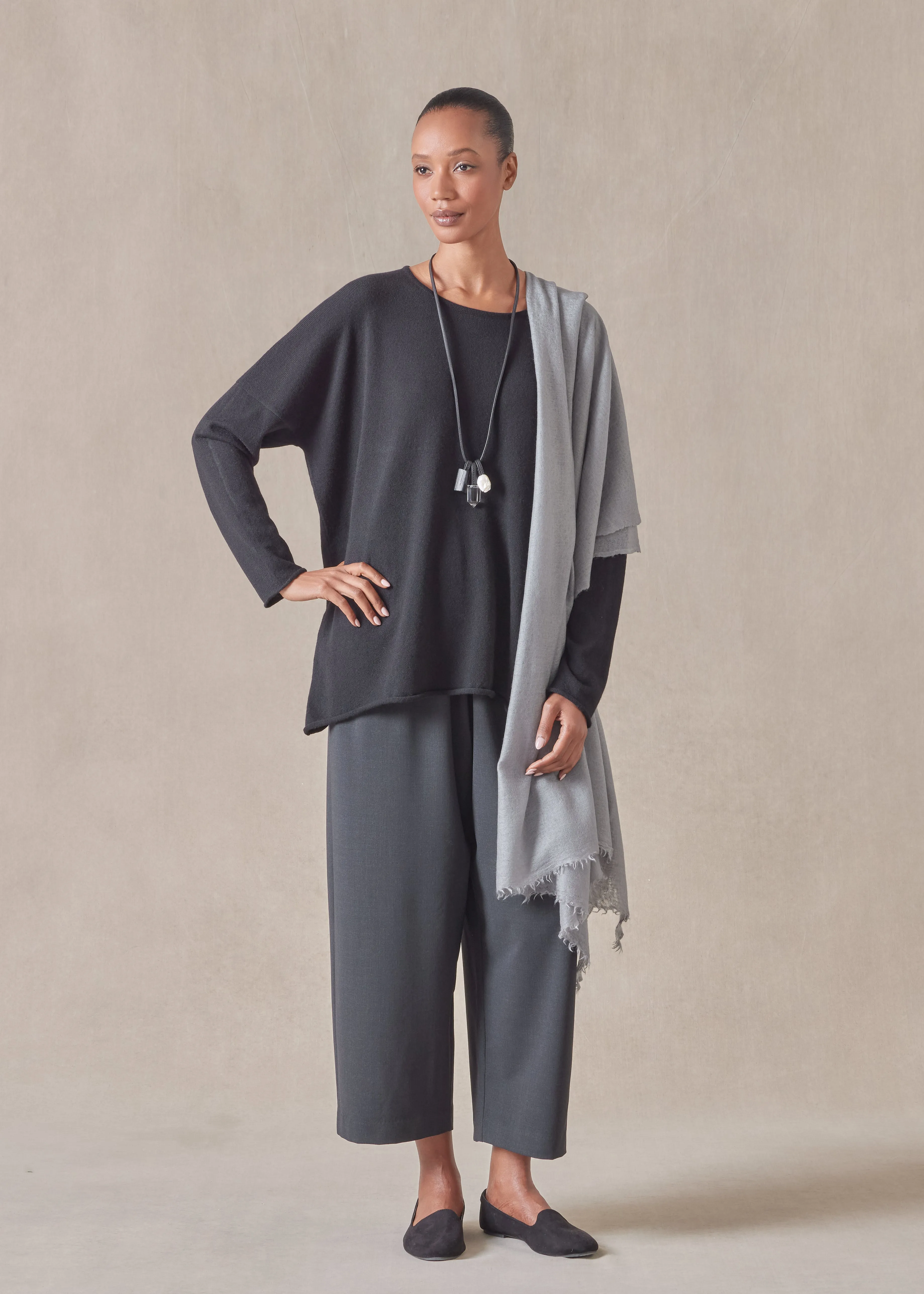 cashmere slim sleeve raw edge bateau neck sweater - mid plus (black) sold by eskandar