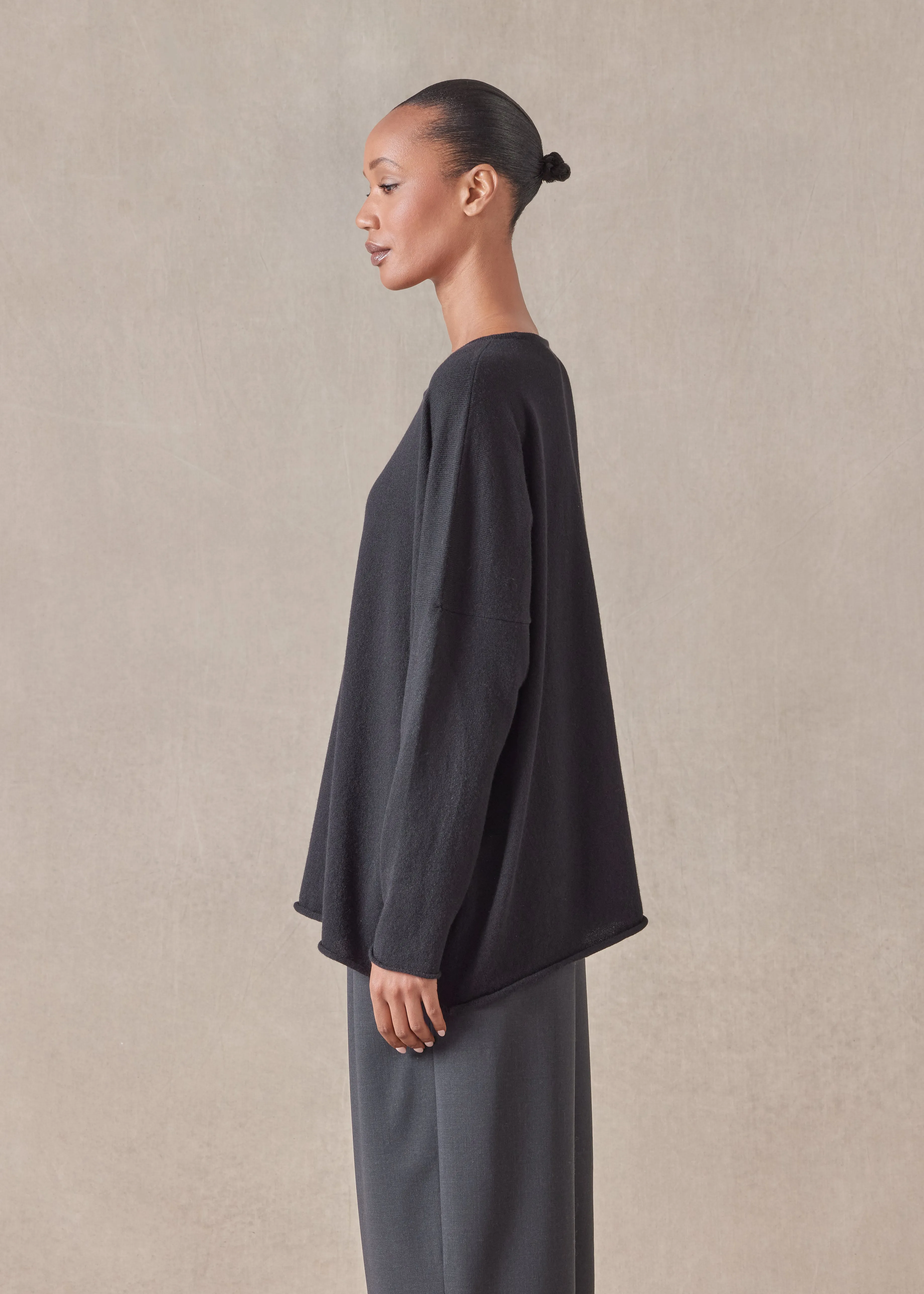 cashmere slim sleeve raw edge bateau neck sweater - mid plus (black) sold by eskandar product image thumbnail 3