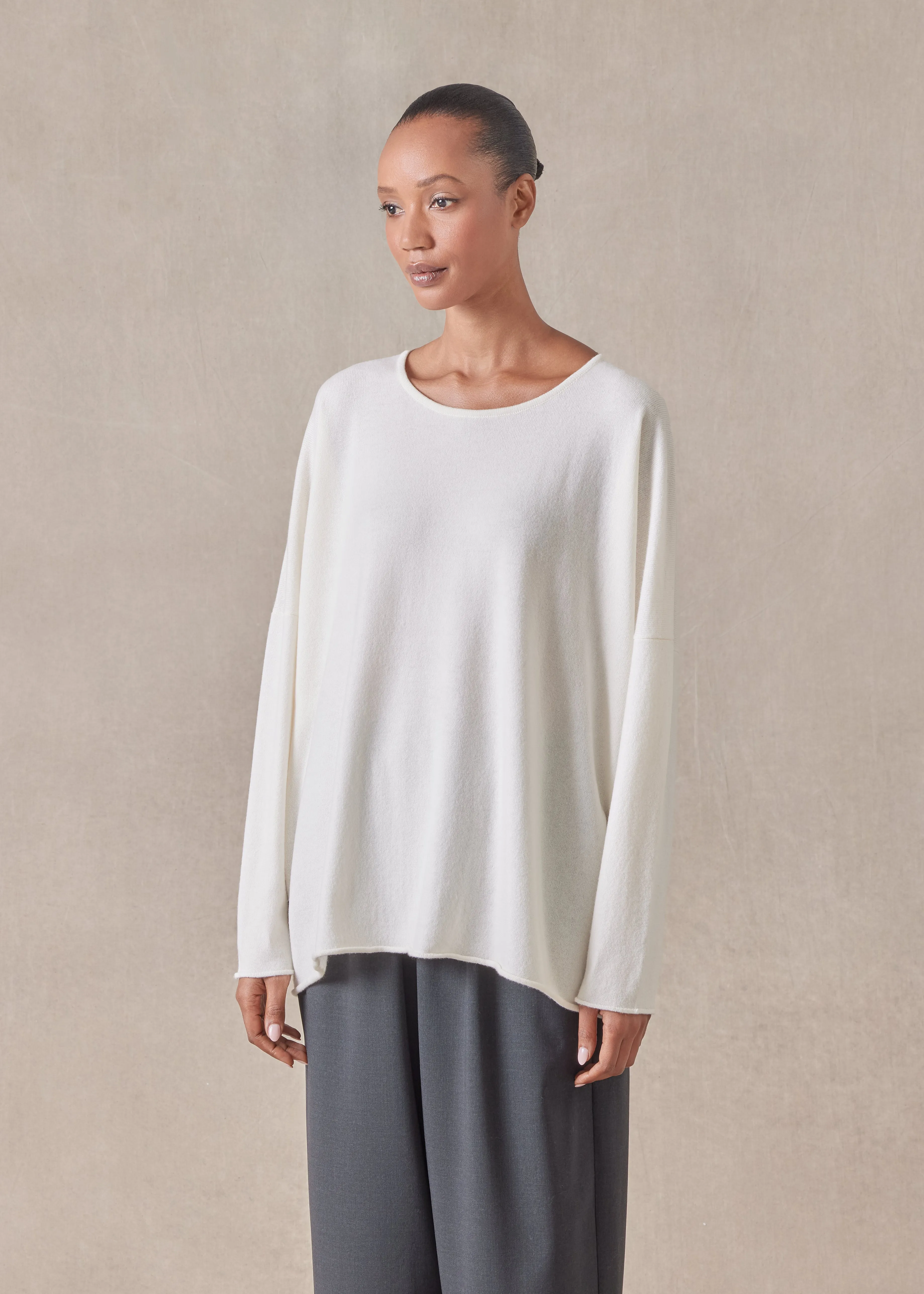 cashmere slim sleeve raw edge bateau neck sweater - mid plus sold by eskandar product image thumbnail 2