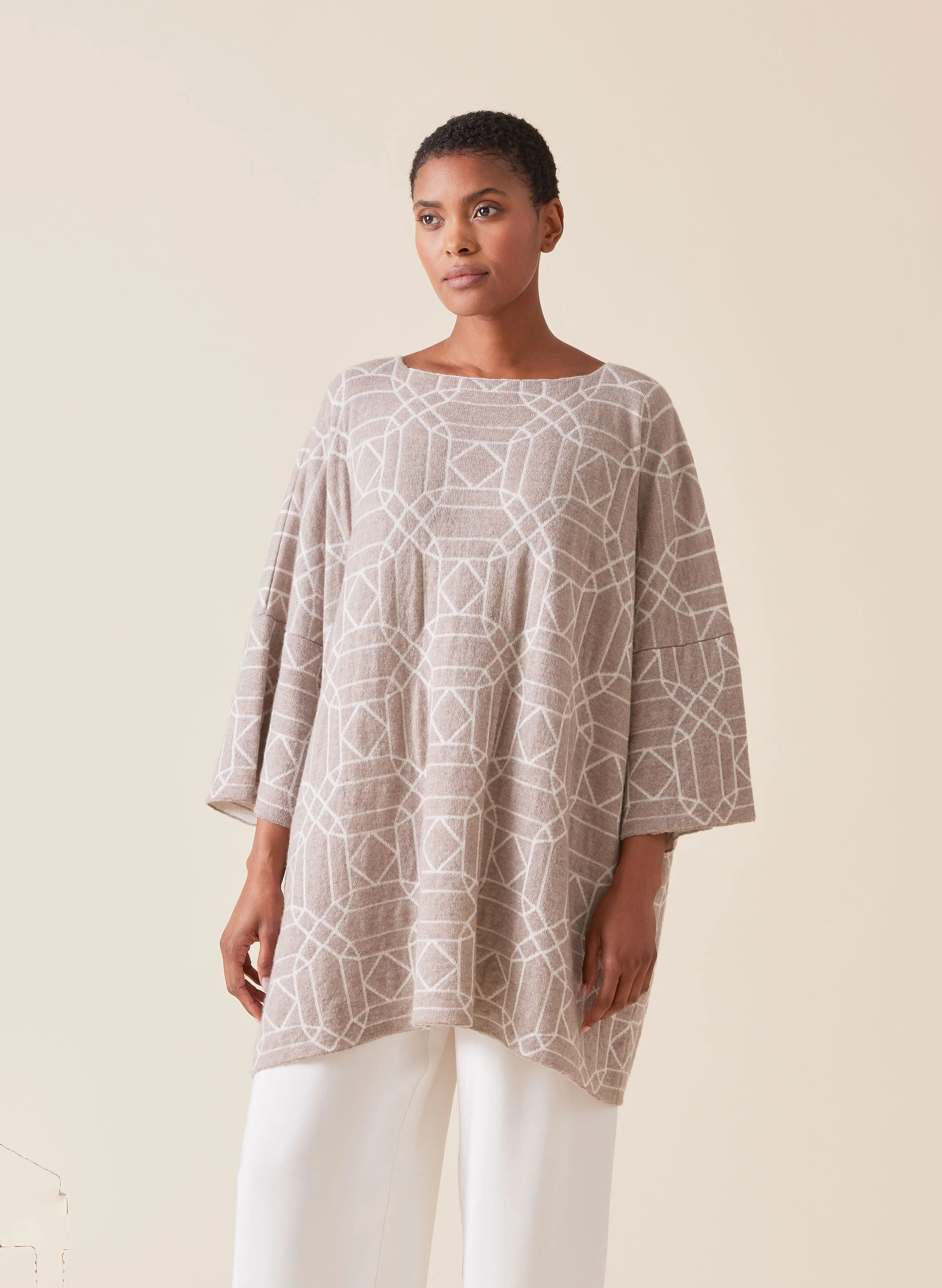 cashmere square 3/4 sleeve sweater - long (natural/white) sold by eskandar