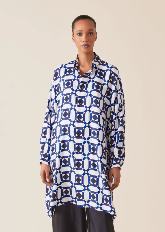 silk wide collarless shirt - very long with slits sold by eskandar