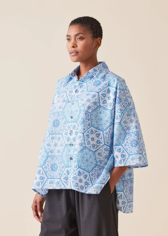 cotton sloped shoulder wide a-line short sleeve shirt with collar - mid sold by eskandar