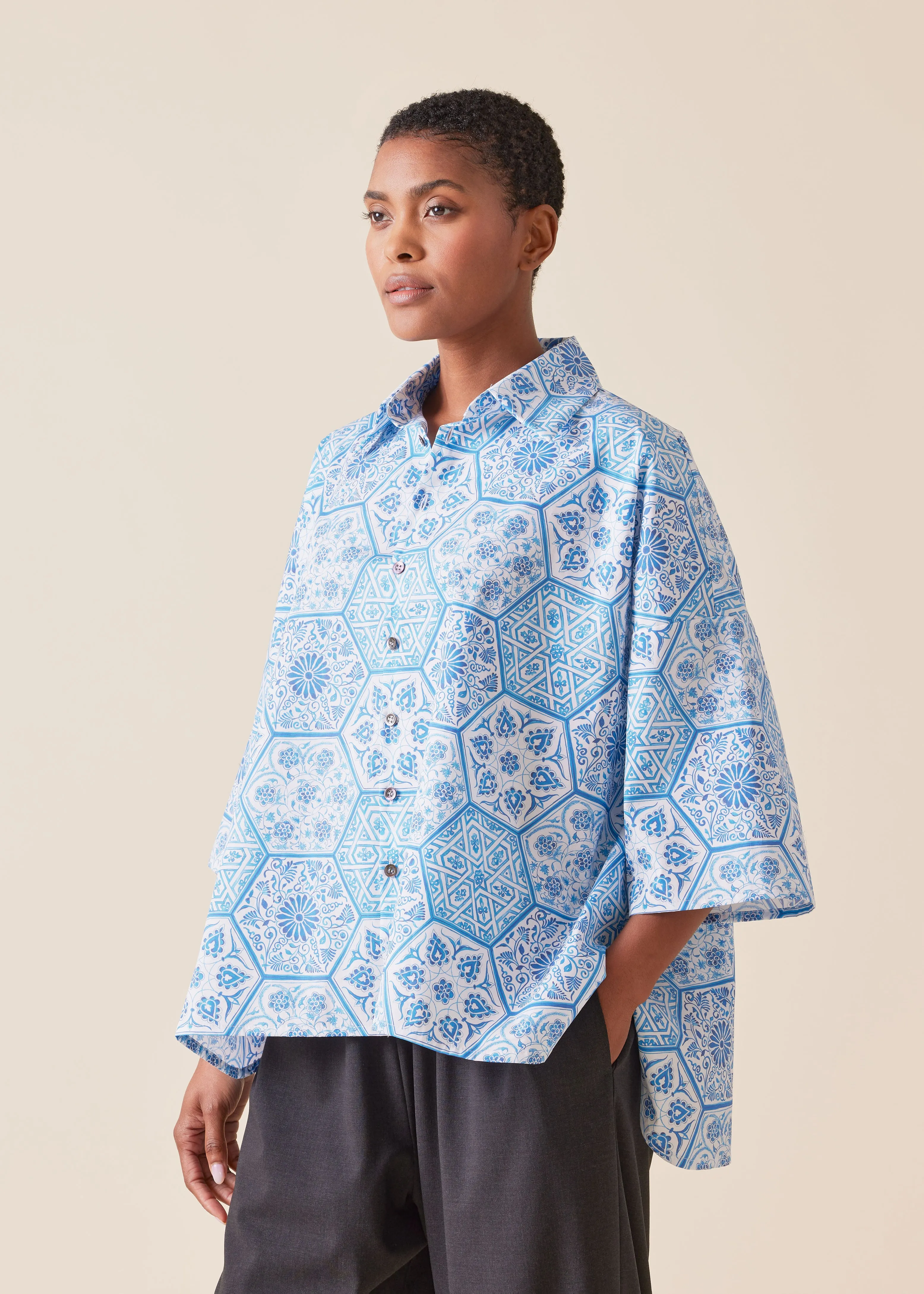 cotton sloped shoulder wide a-line short sleeve shirt with collar - mid sold by eskandar