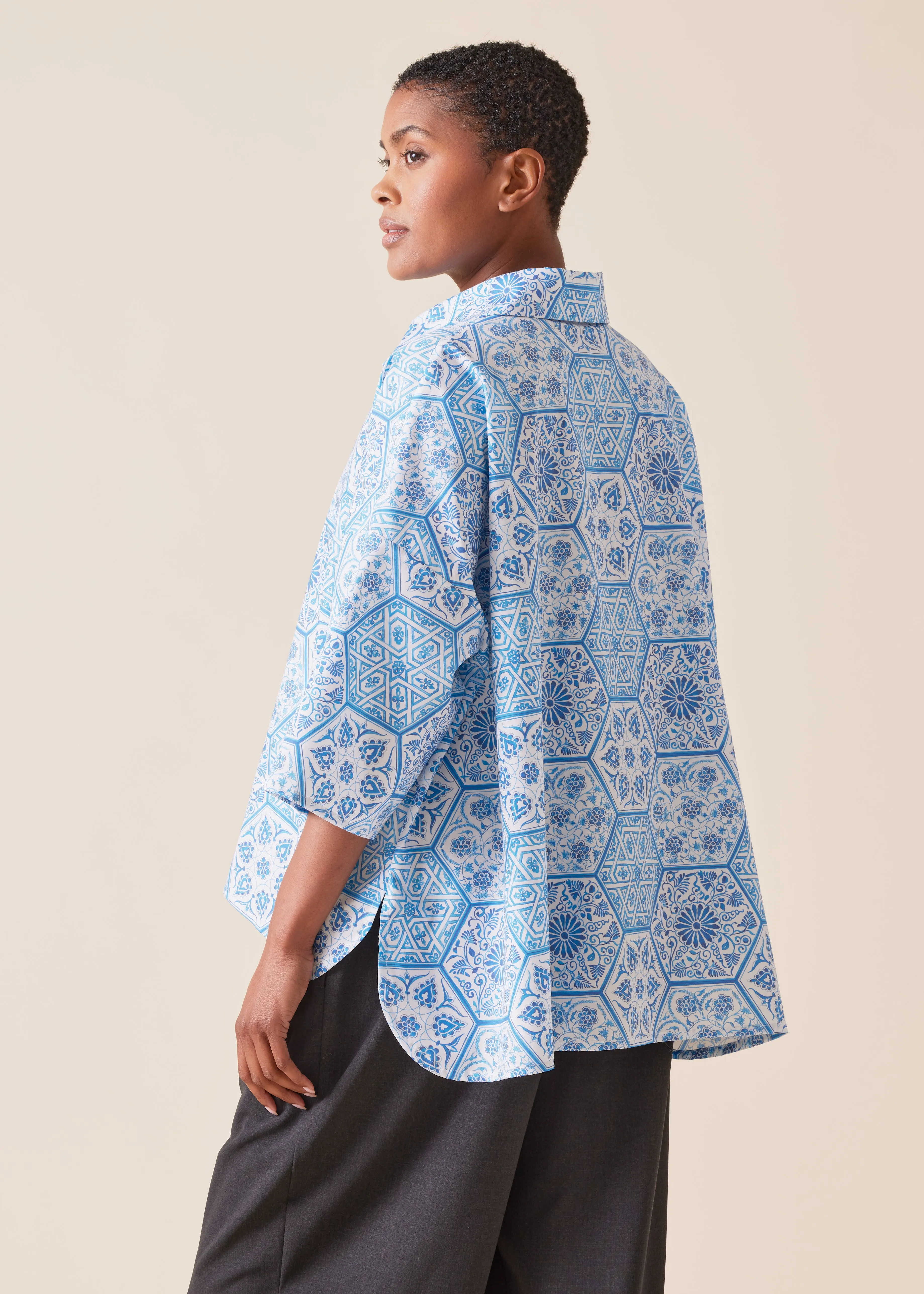 cotton sloped shoulder wide a-line short sleeve shirt with collar - mid sold by eskandar product image thumbnail 3