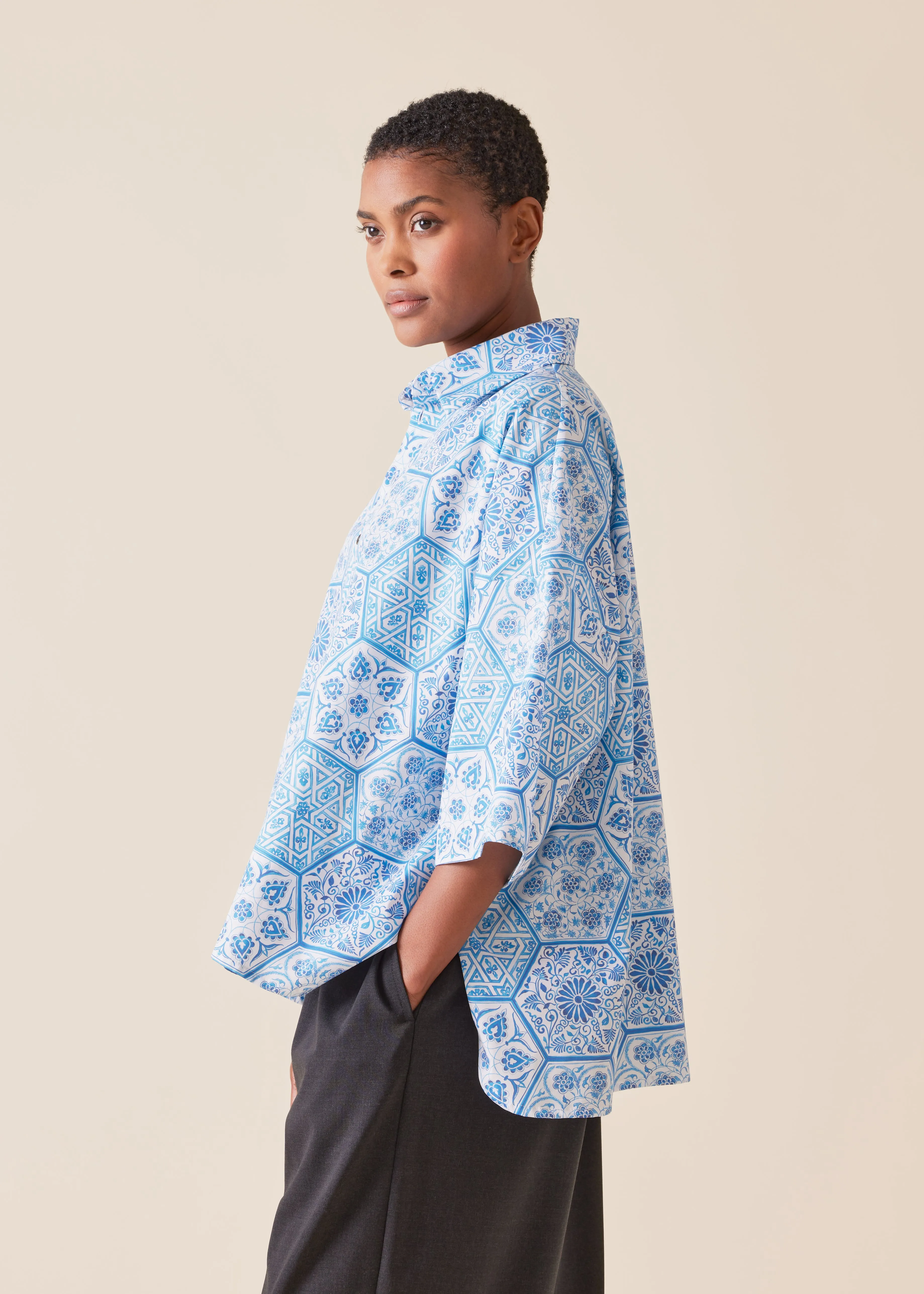 cotton sloped shoulder wide a-line short sleeve shirt with collar - mid sold by eskandar product image thumbnail 2