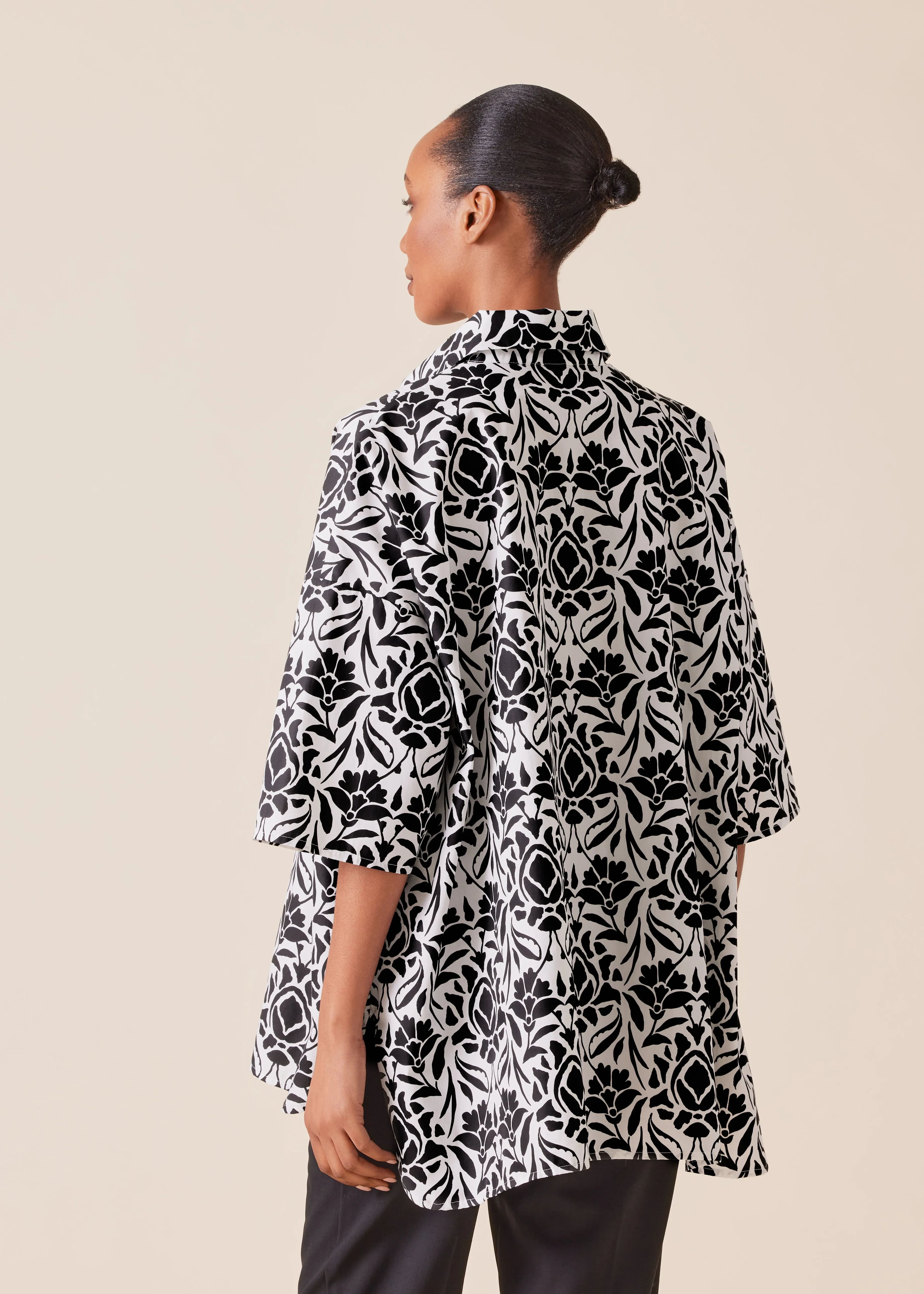 cotton sloped shoulder wide a-line short sleeve shirt with collar - long sold by eskandar product image thumbnail 3